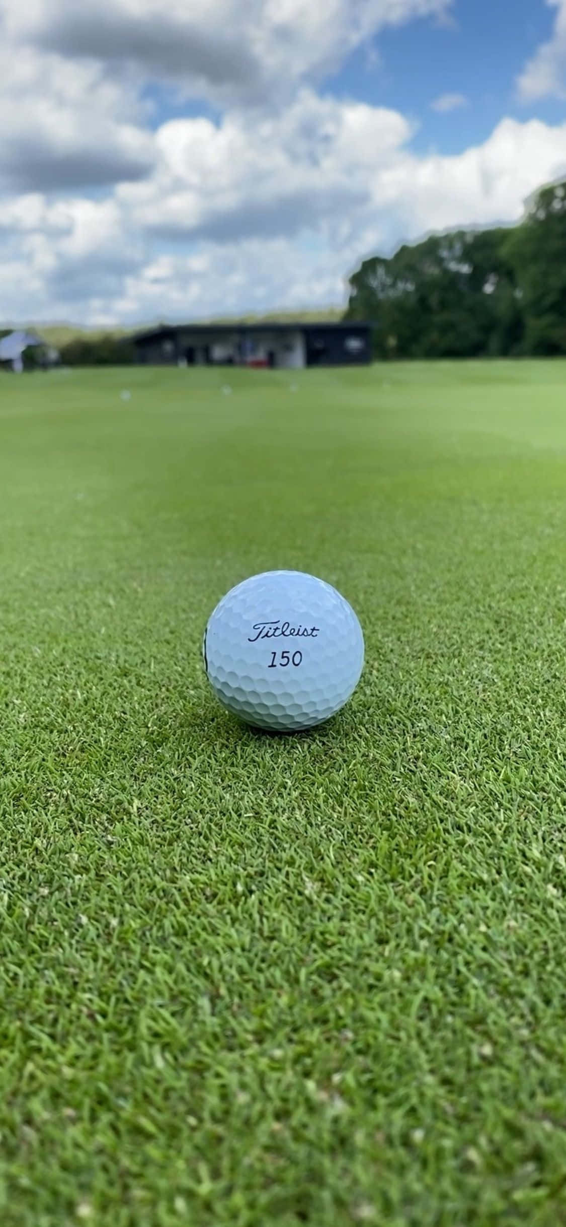 高爾夫 桌布 壁紙 — 一個白色Titleist高爾夫球的特寫，在部分多雲的藍天下，放在充滿活力的綠色草地上。