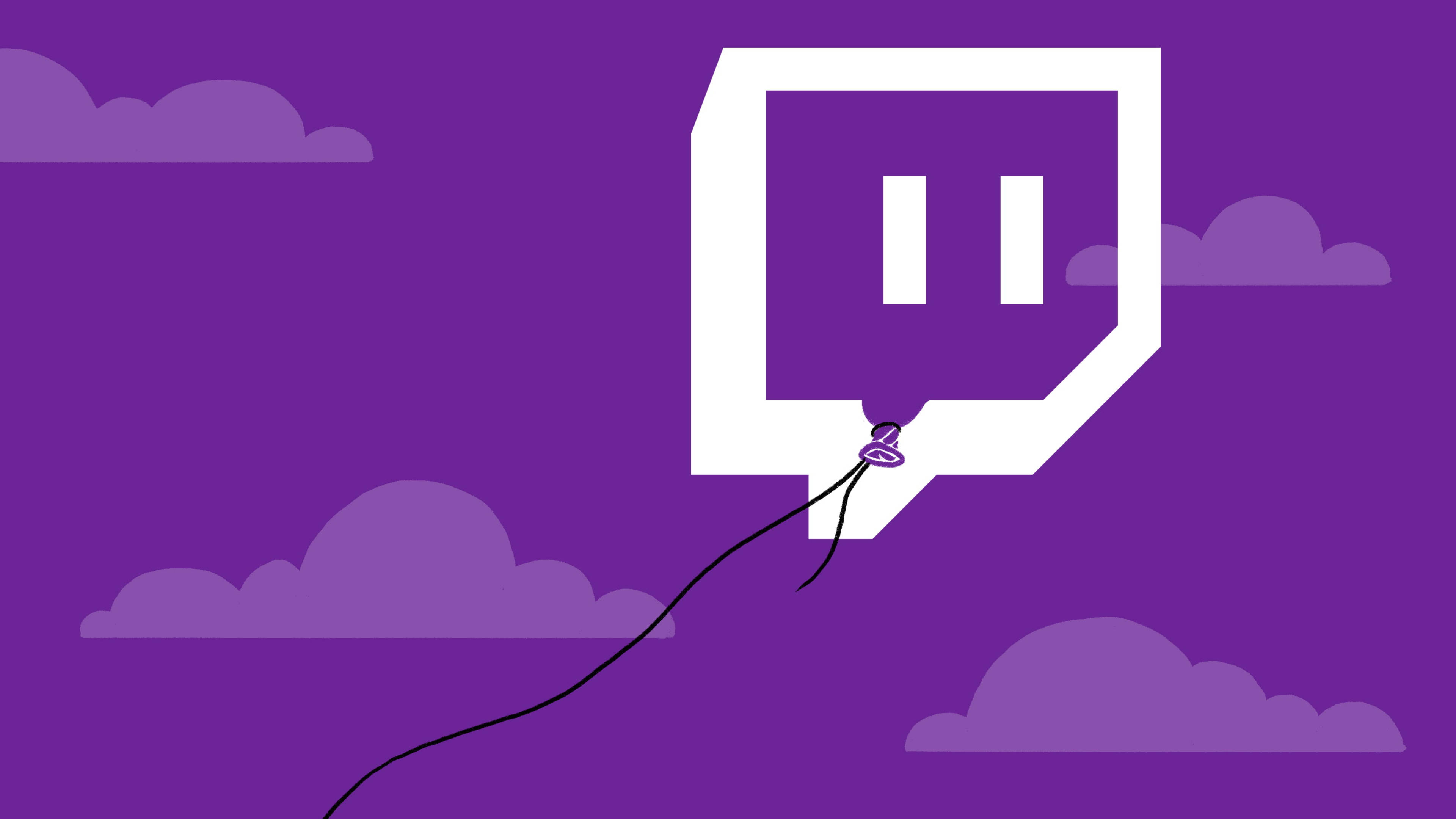 Twitch 桌布 壁紙 — 一個白色Twitch標誌氣球在帶有柔和雲朵的紫色天空中漂浮。