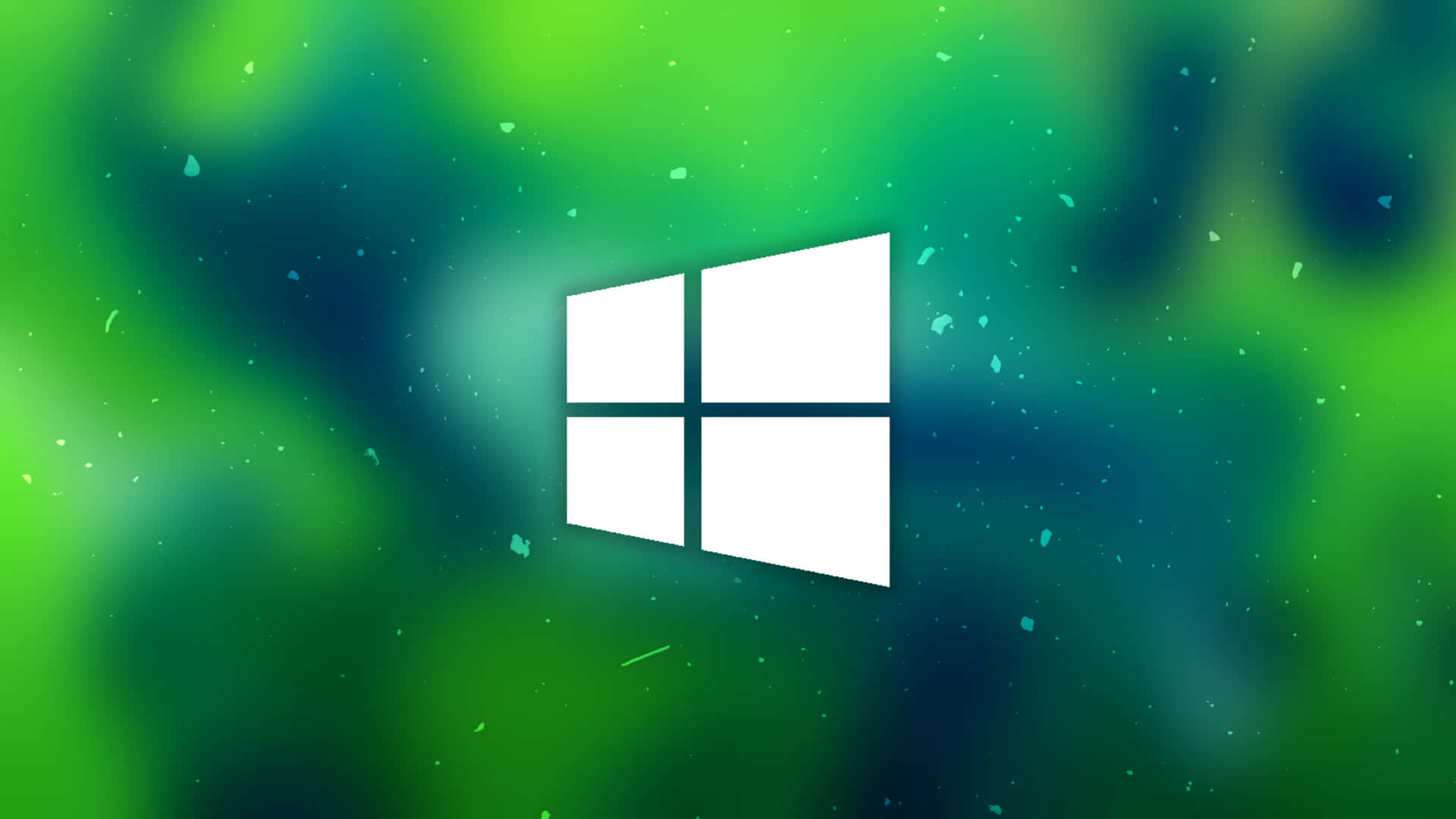Windows 10 桌布 壁紙 — 一個白色Windows標誌漂浮在充滿活力的綠色和藍綠色模糊背景上，帶有浮動粒子。