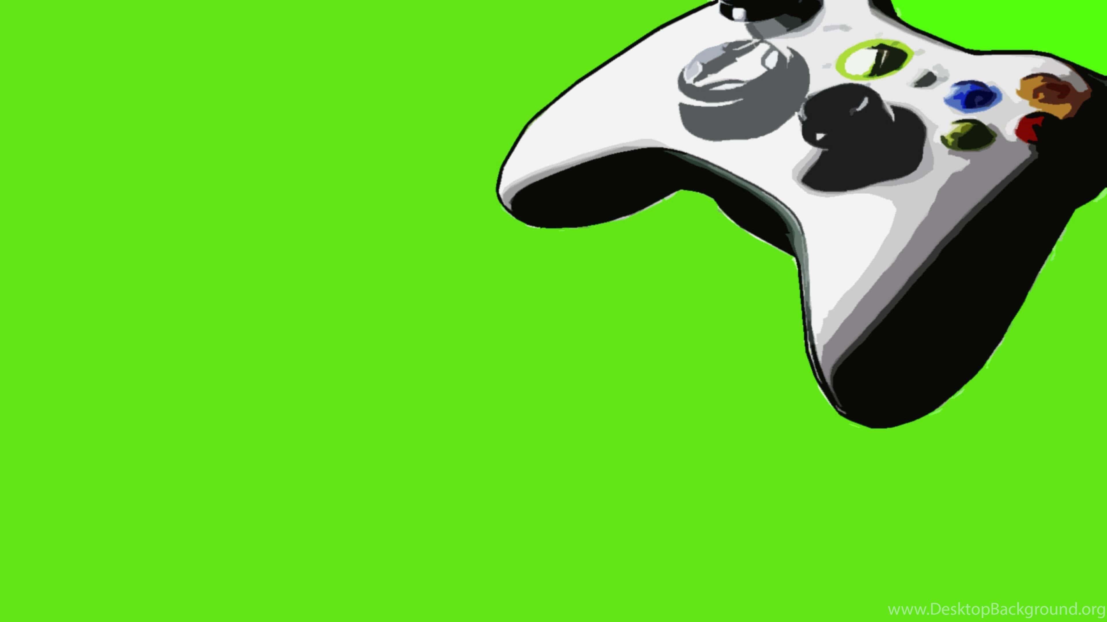 4K Gaming Consoles 桌布 壁紙 — 一個白色Xbox 360控制器帶有彩色按鈕，對角線放置在亮綠色背景上。