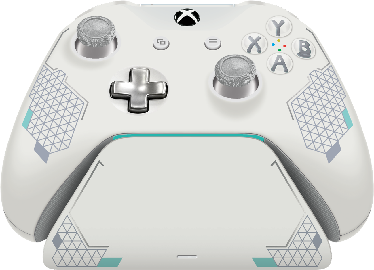 Xbox 桌布 壁紙 — 一個白色Xbox手把，帶有幾何藍綠色和灰色點綴，置於簡潔的黑色背景上。