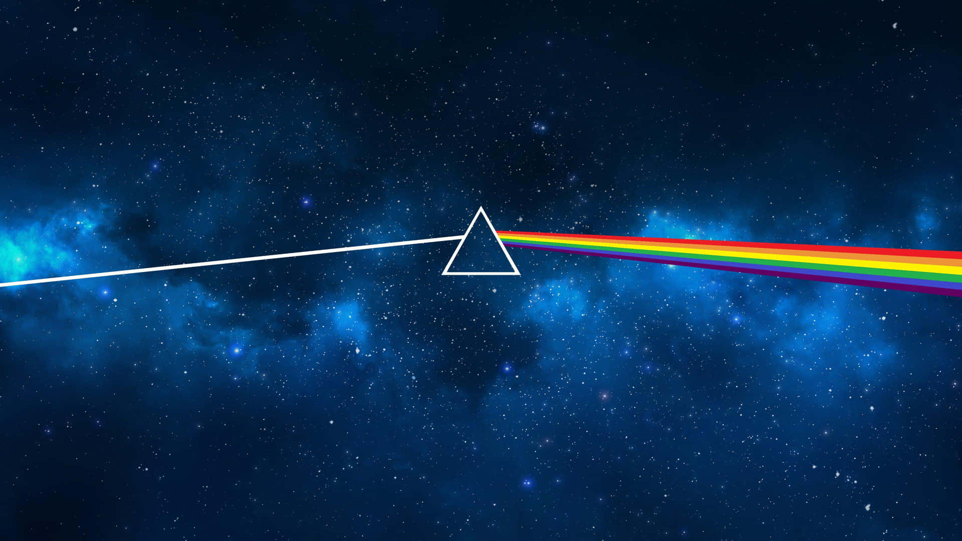 Dark Side Of The Moon 桌布 壁紙 — 一個白色三角形棱鏡將光束分裂成一道鮮豔的彩虹，橫跨在繁星點點的宇宙藍色星雲上。