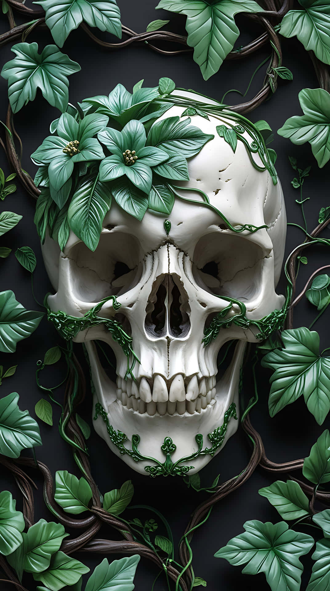 Floral Skull with Vines and Emerald Leaves. skull wallpaper 壁紙 — 一個白色人類頭骨纏繞著茂密的綠色常春藤和藤蔓，背景為深色。