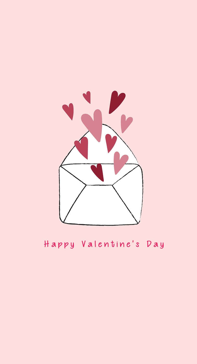 Cute Valentines 桌布 壁紙 — 一個白色信封，心形圖案在柔和的粉紅色背景上迸發出來，並帶有情人節文字。