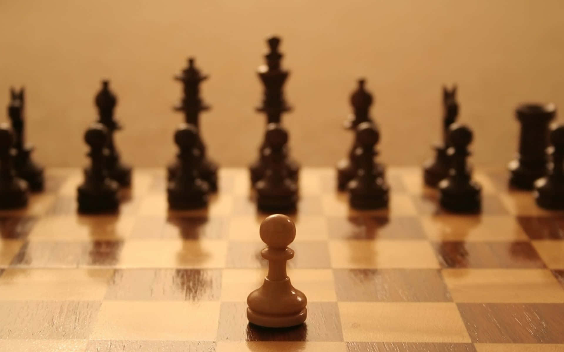 西洋棋 桌布 壁紙 — 一個白色兵卒在木製棋盤上清晰對焦，而深色對手棋子則在溫暖燈光下於背景中模糊。
