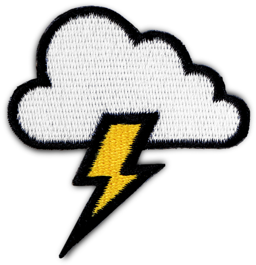 Lightning Bolt 桌布 壁紙 — 一個白色刺繡雲朵，下方繡有醒目的黃色閃電，背景為黑色。