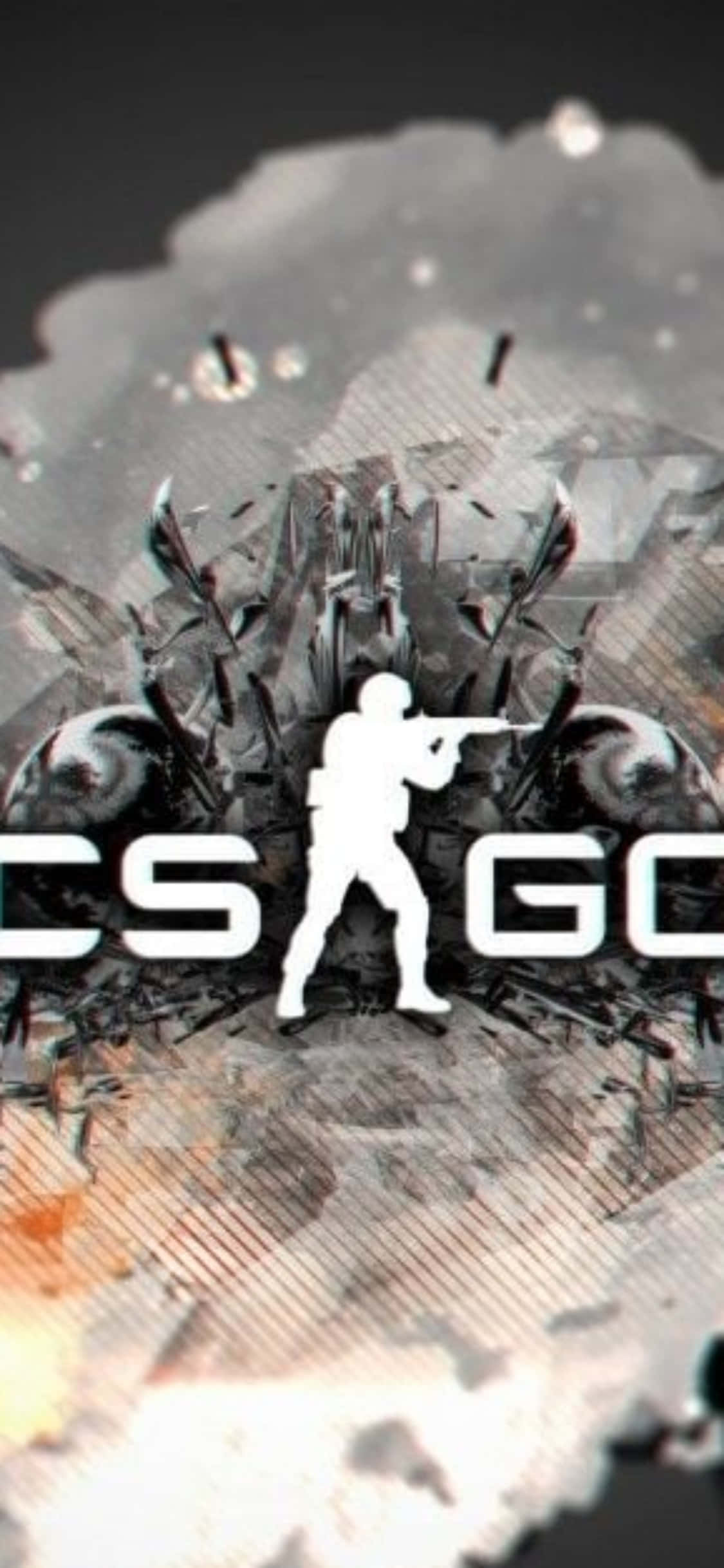 iPhone Xs Counter-strike Global Offensive 桌布 壁紙 — 一個白色剪影，描繪CS:GO玩家在破碎碎片和煙霧中瞄準槍枝，背景為粗糙的深色。