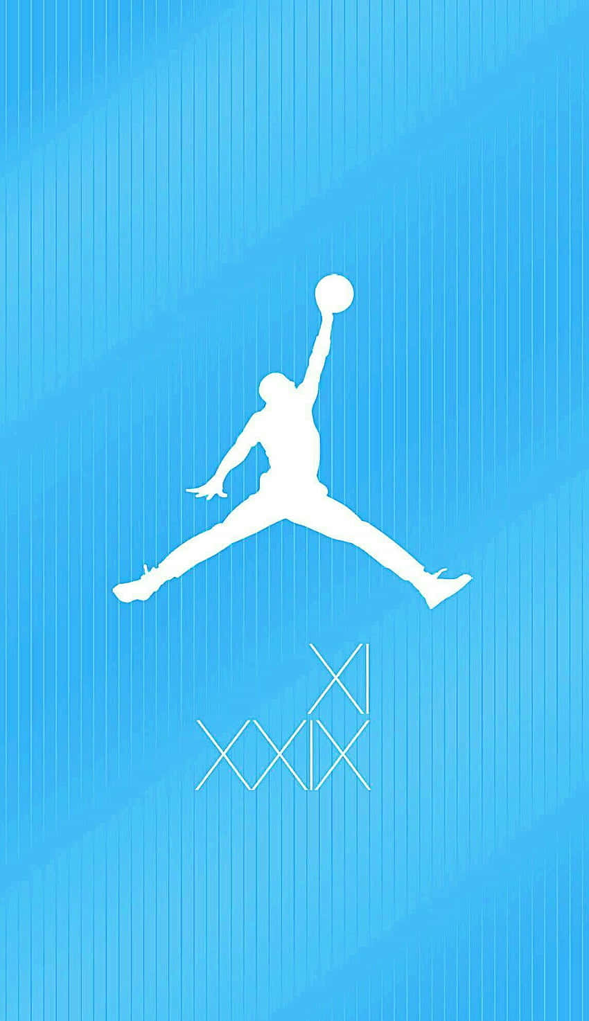 Jordan Logo Phone 桌布 壁紙 — 一個白色剪影，描繪籃球運動員在半空中灌籃，背景為帶有垂直線的藍色漸層。