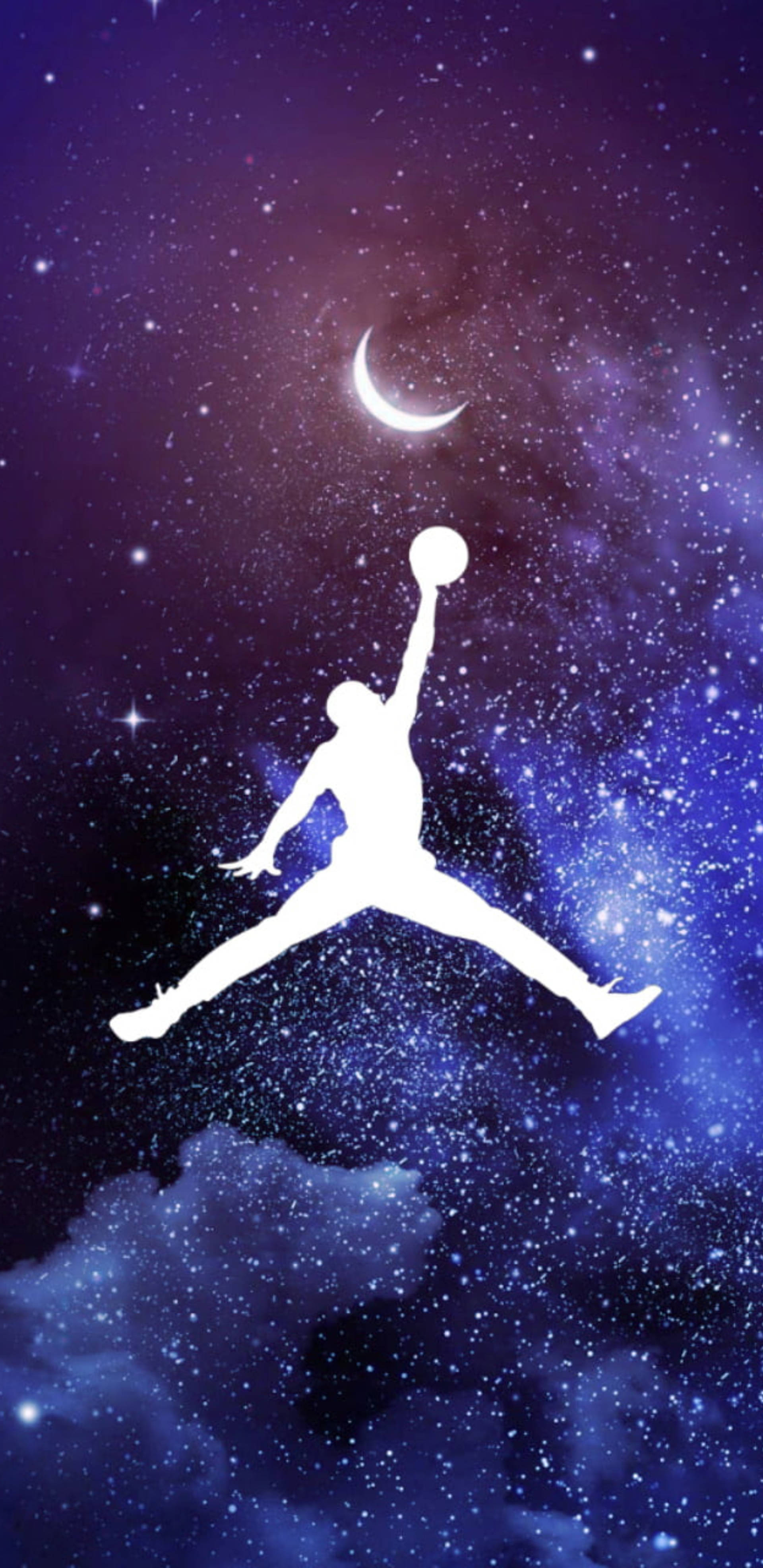 Air Jordan 桌布 壁紙 — 一個白色剪影，描繪籃球運動員在半空中灌籃，背景是充滿星星和新月的生動宇宙夜空。
