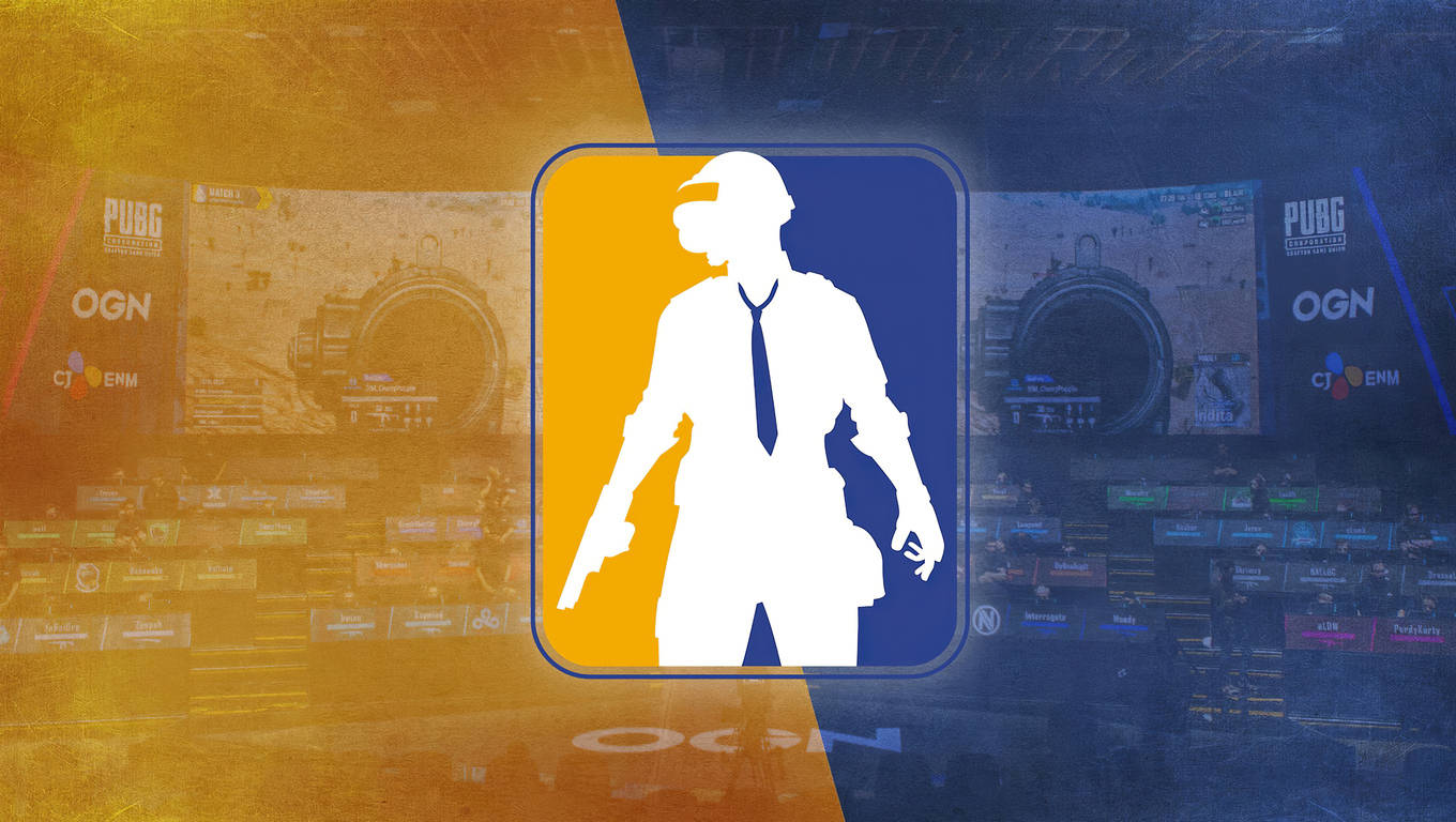 標誌 桌布 壁紙 — 一個白色剪影的PUBG玩家手持槍枝，居中站立在橙色和藍色分割的背景上，帶有錦標賽品牌標識。