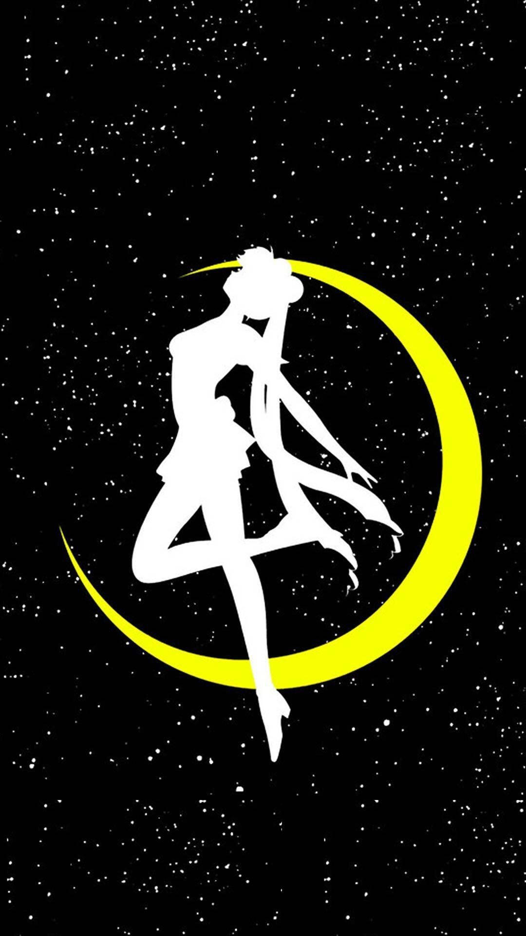 動漫女孩剪影在星空中的新月上