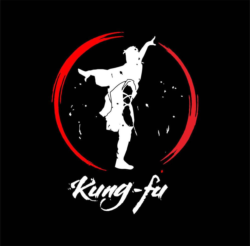 運動 桌布 壁紙 — 一個白色剪影的武術家在踢腿動作中，被一個大膽的紅色圓形筆觸框在黑色背景上。