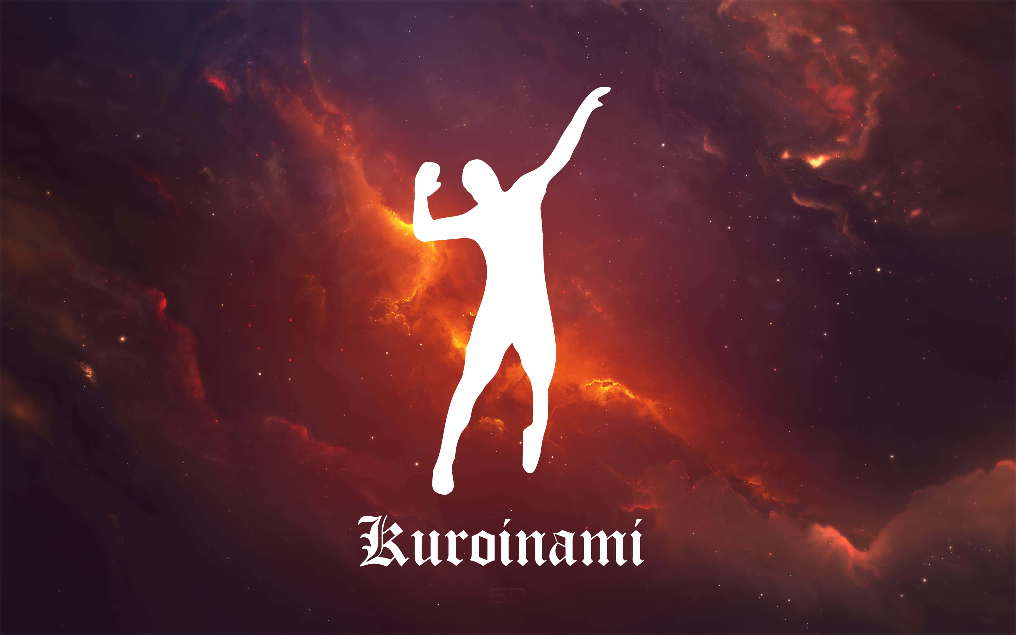 運動 桌布 壁紙 — 一個白色剪影的跳舞人物在熾熱的宇宙星雲背景下跳躍，背景有發光的星星和旋轉的紅橙色雲層。