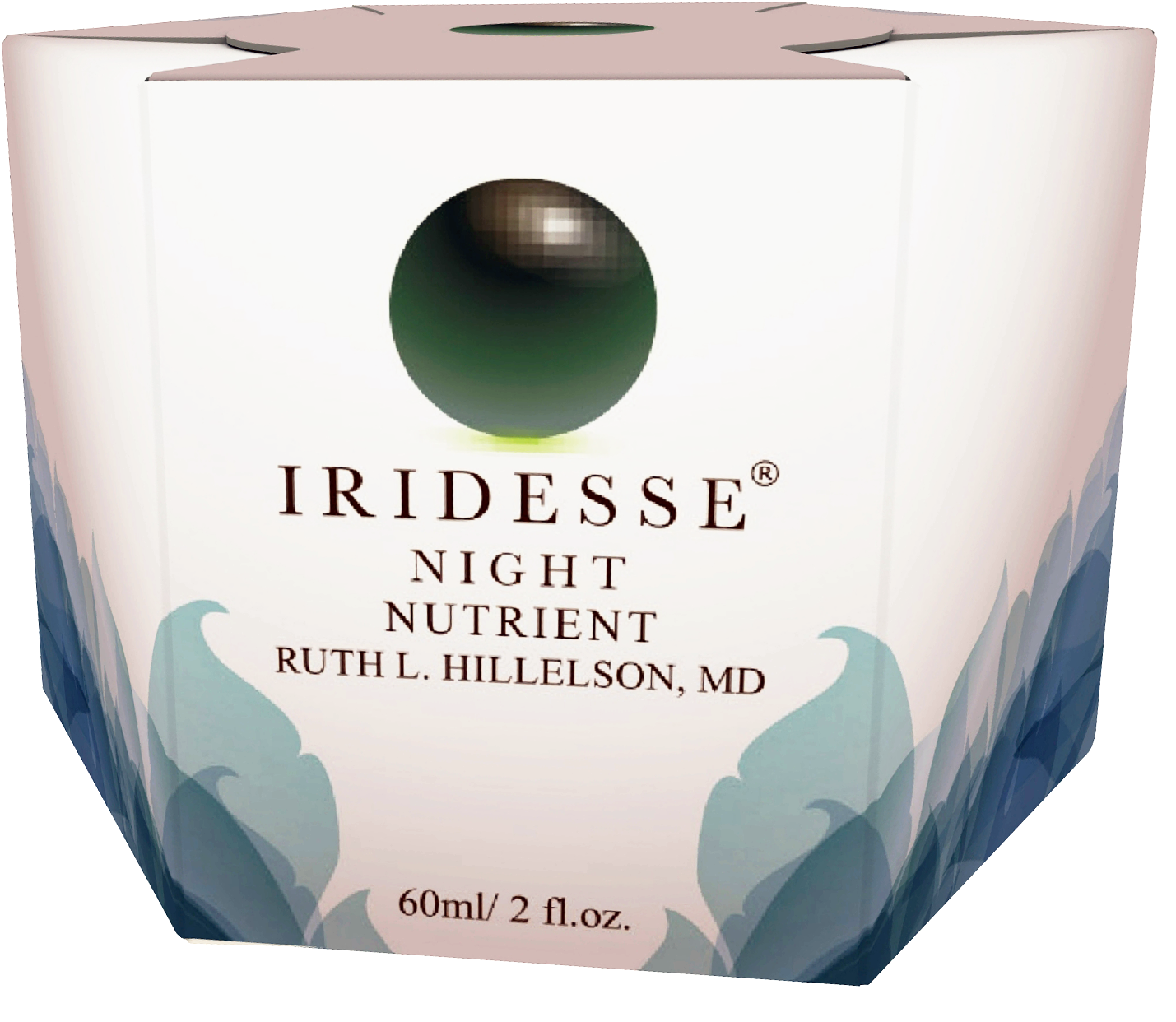 晚安 桌布 壁紙 — 一個白色化妝品盒，用於Iridesse Night Nutrient，帶有綠色球體和藍色葉子圖案，背景為柔和粉紅色漸變。