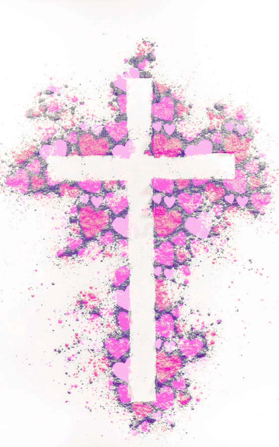 Pink Cross 桌布 壁紙 — 一個白色十字架，用粉紅色心形粉末勾勒出輪廓，背景為純白色。