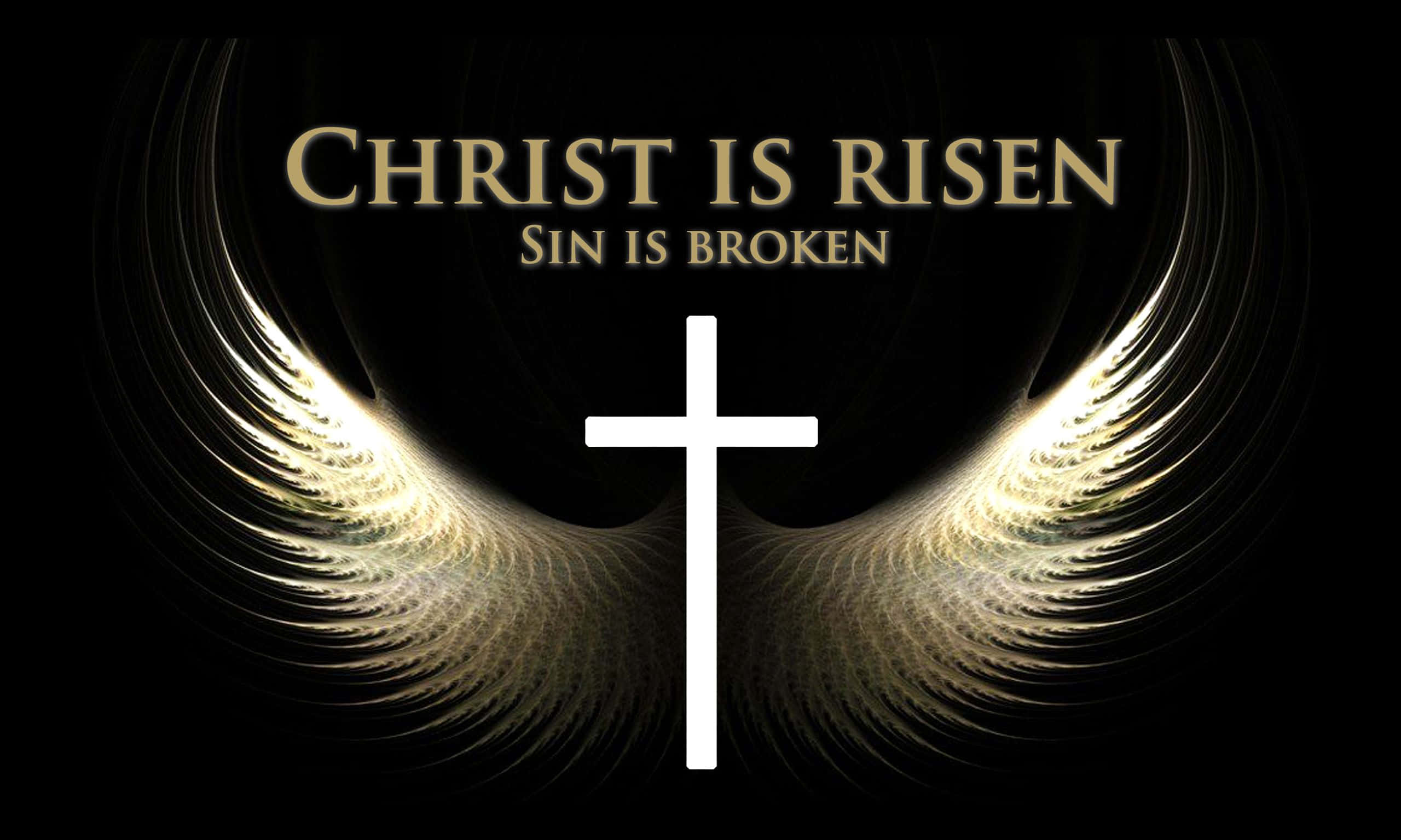 Christ 桌布 壁紙 — 一個白色十字架居中於發光的金色翅膀之間，黑色背景上寫著基督復活了。
