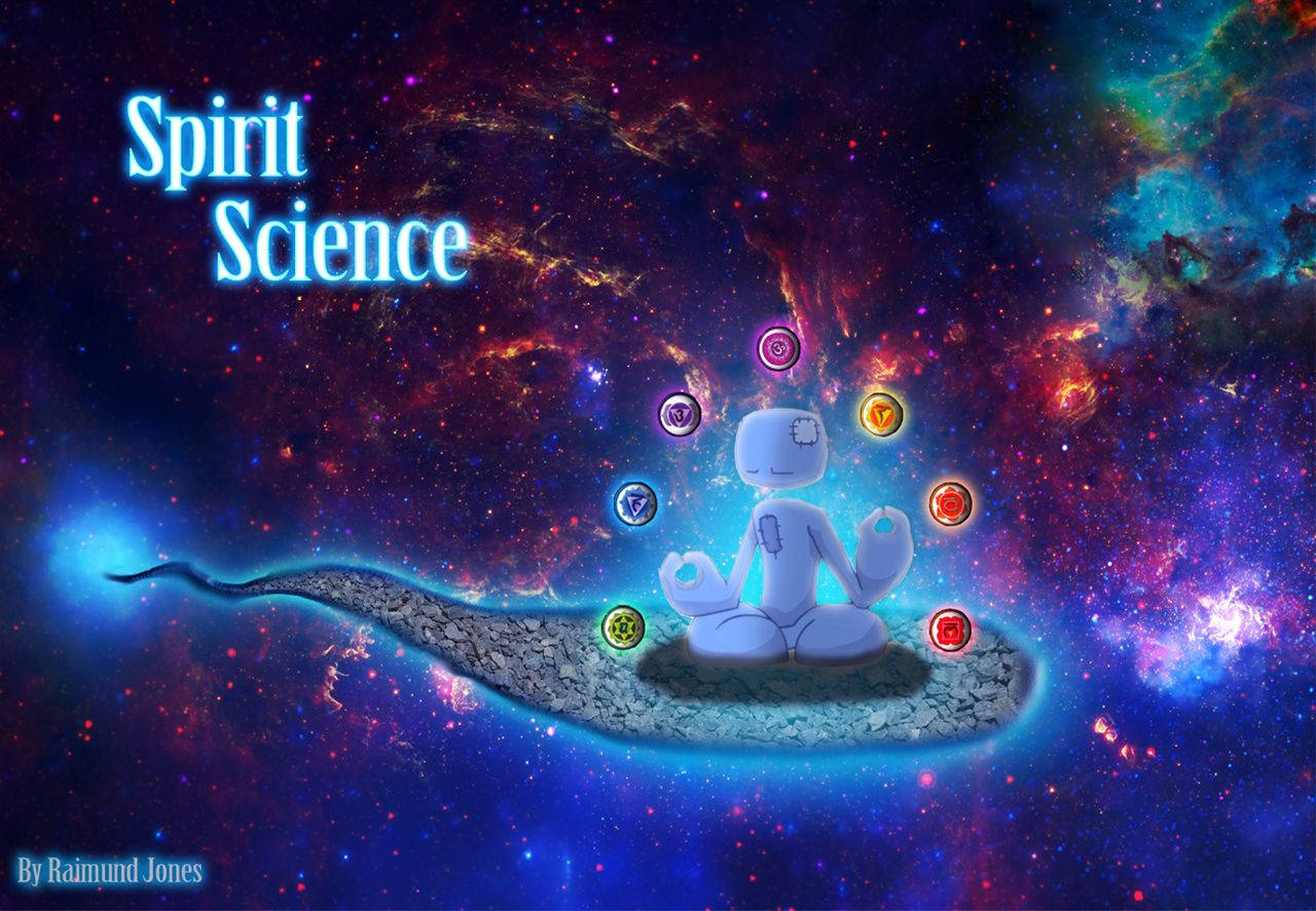 科學 桌布 壁紙 — 一個白色卡通人物在發光的脈輪環繞下，於充滿活力的宇宙星雲中的浮石上冥想。