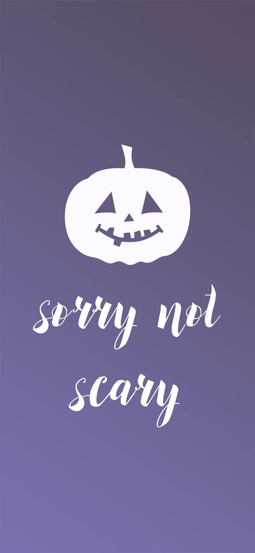 Halloween Phone 桌布 壁紙 — 一個白色卡通南瓜，帶著笑容和鋸齒狀牙齒，漂浮在紫色漸變背景上的「sorry not scary」字句上方。