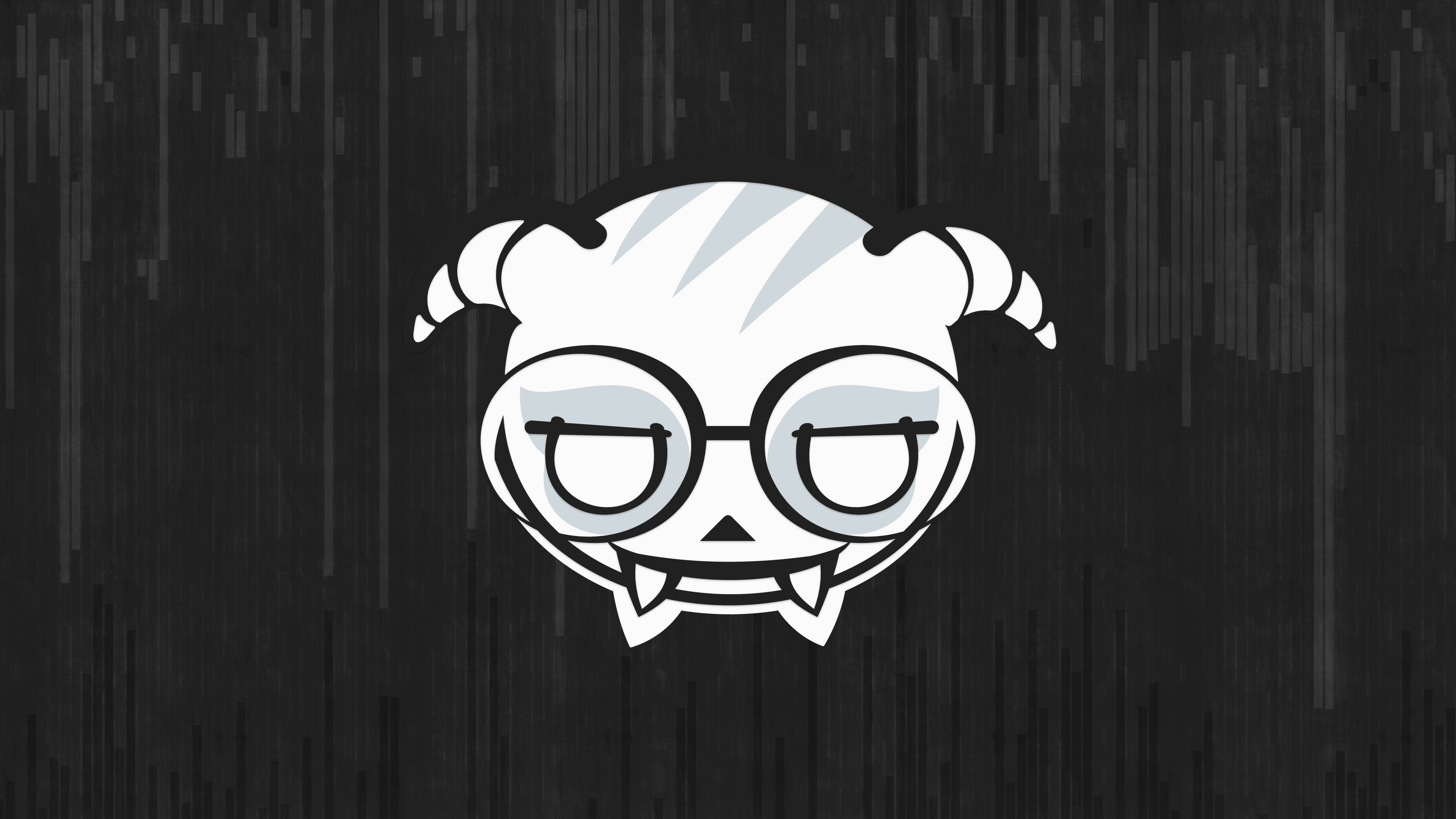 dokkaebi rainbow six siege 桌布 壁紙 — 一個白色卡通吸血鬼臉，戴眼鏡和角，背景是深灰色數位故障效果。