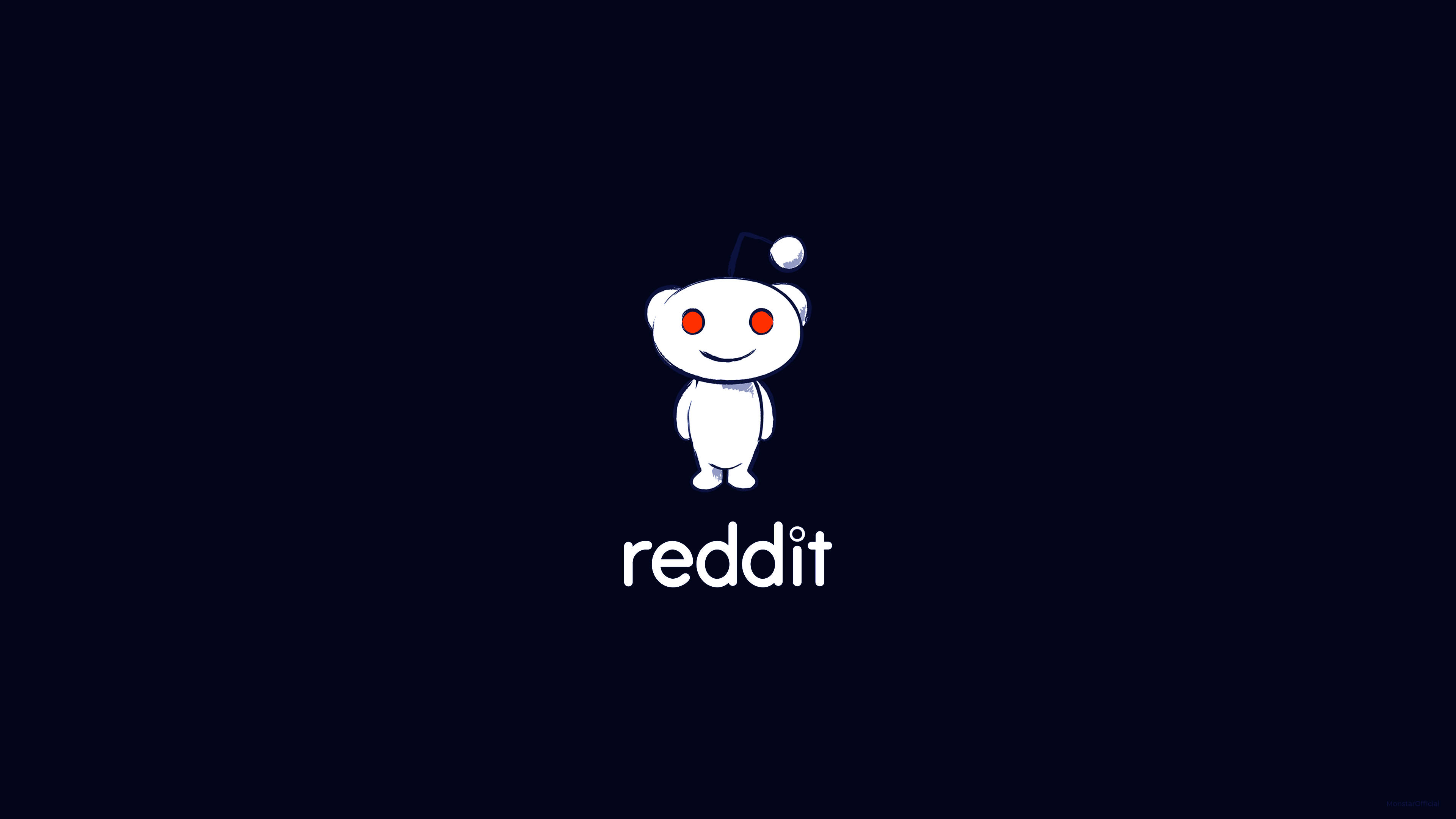 reddit 桌布 壁紙 — 一個白色卡通外星人吉祥物，紅眼睛，戴藍色帽子，站在深海軍藍背景中央，下方有reddit字樣。