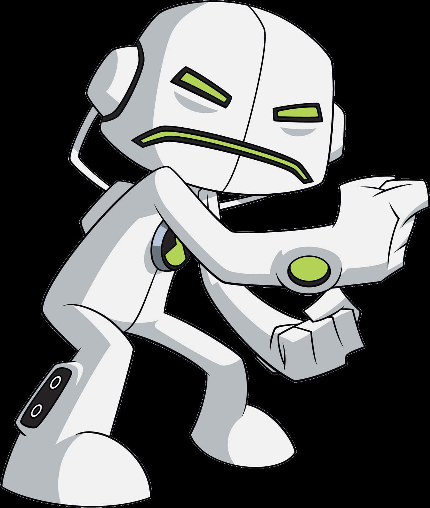 Ben 10 桌布 壁紙 — 一個白色卡通機器人，有綠色眼睛和綠色裝飾，在黑色背景前擺出動態姿勢。