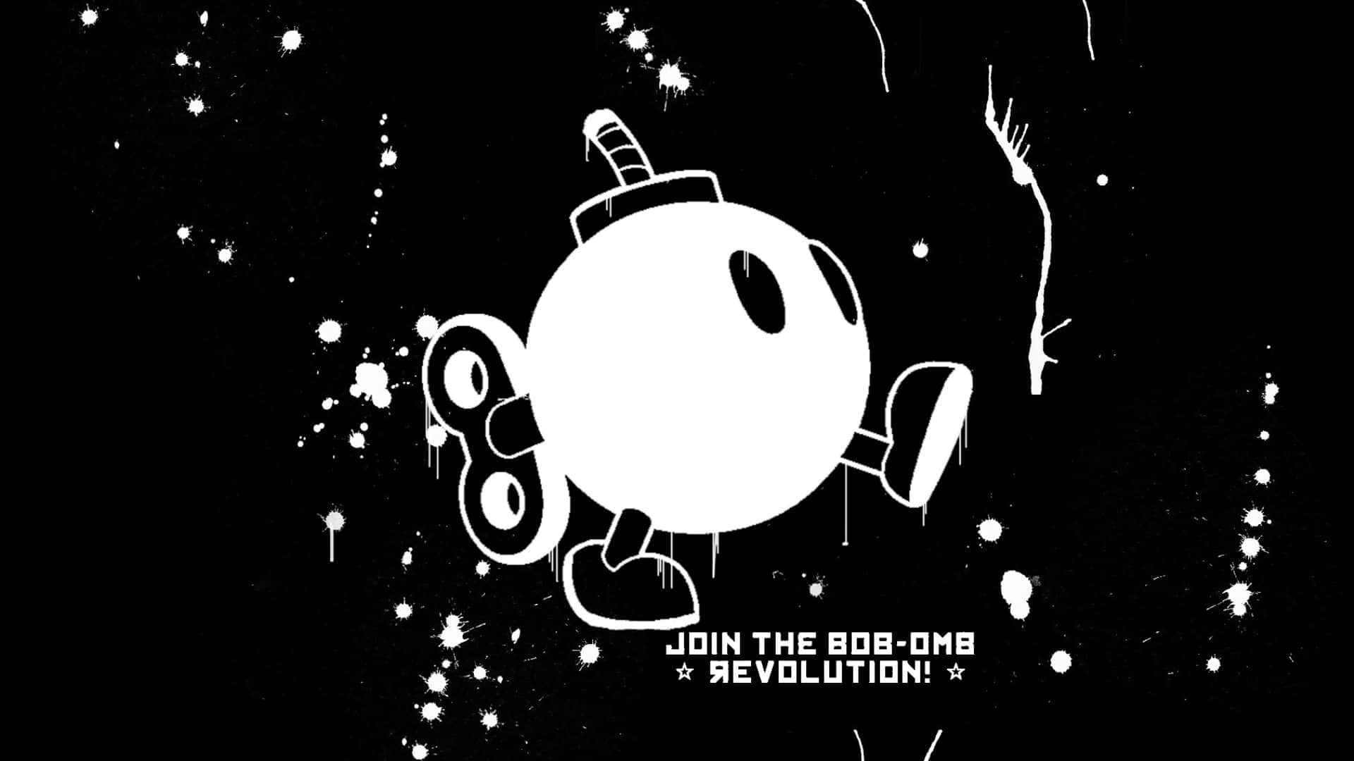Bob-omb 桌布 壁紙 — 一個白色卡通炸彈角色，有四肢和帽子，站在黑色背景上，帶有油漆飛濺和文字。