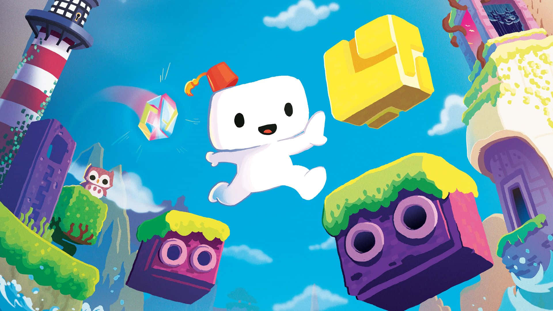 Cartoon Games 桌布 壁紙 — 一個白色卡通角色在明亮的藍天中，於漂浮的彩色方塊平台和奇特結構之間快樂地跳躍。