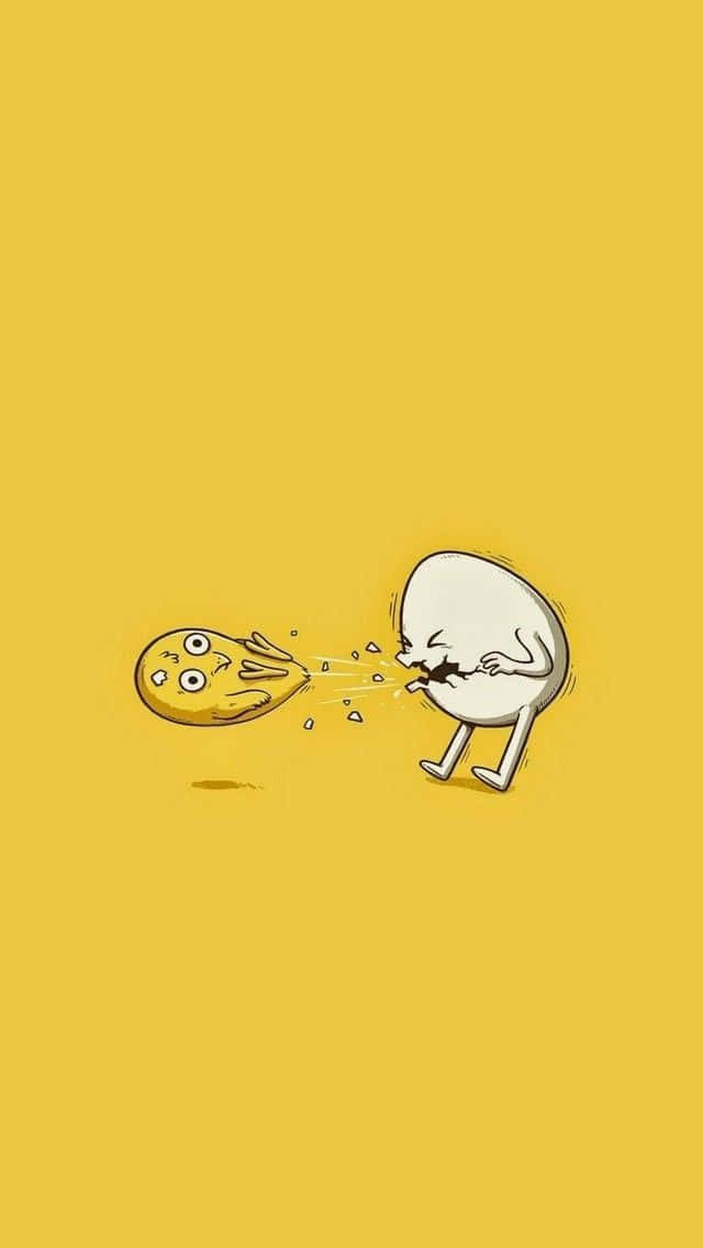 搞笑 桌布 壁紙 — 一個白色卡通雞蛋角色在純黃色背景上憤怒地吐出一個驚訝的黃色表情符號。