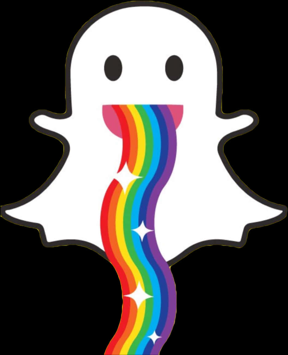 Snapchat 桌布 壁紙 — 一個白色卡通鬼魂，嘴裡流出彩虹流和閃光，背景為黑色。