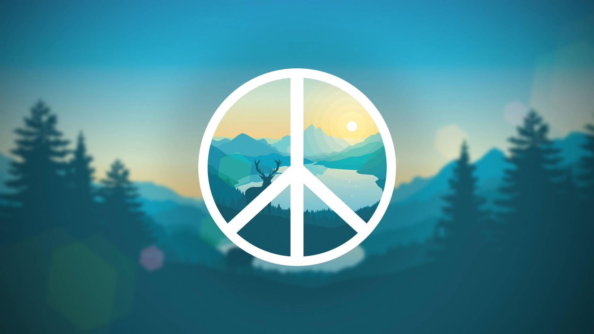 和平 桌布 壁紙 — 一個白色和平符號框住一個寧靜的山湖場景，日落時分有鹿的剪影。