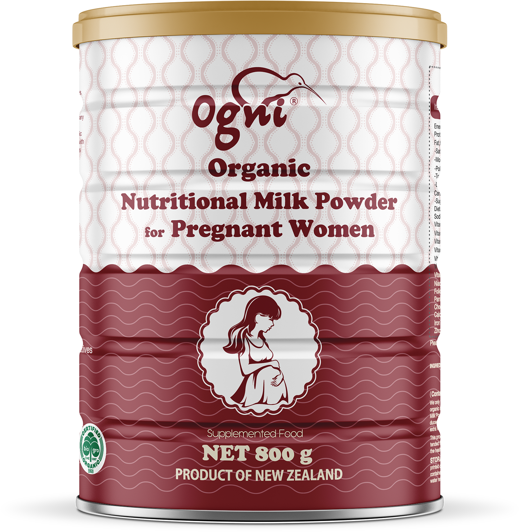 紐西蘭 桌布 壁紙 — 一個白色和栗色的圓柱形罐頭，裝有Ogni Organic Nutritional Milk Powder（孕婦有機營養奶粉），並有孕婦插圖。