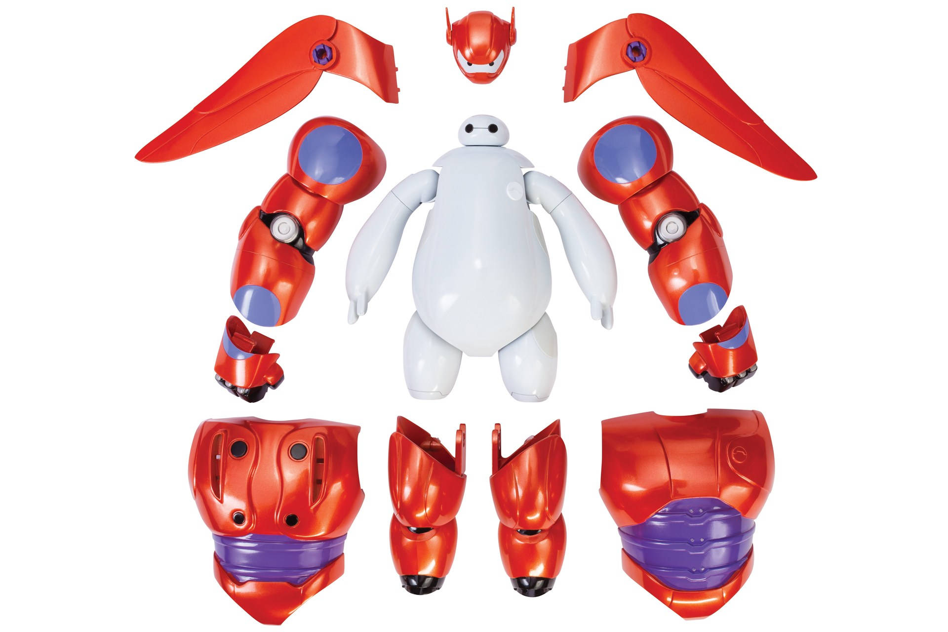 大英雄天團 桌布 壁紙 — 一個白色和紅色的 Baymax 機器人玩具被拆解成模塊化零件，放在乾淨的白色背景上。