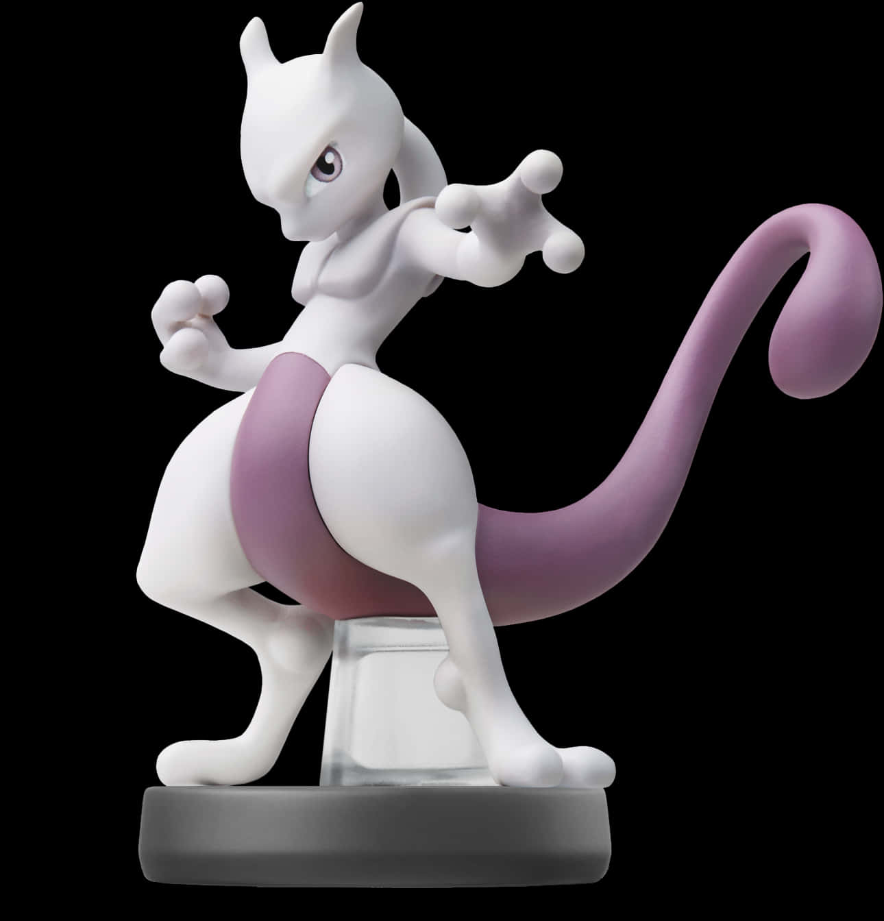 超夢 桌布 壁紙 — 一個白色和紫色的 Mewtwo Amiibo 公仔在黑色背景上動態擺姿勢。