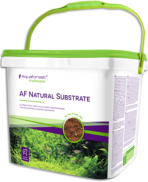 水下動畫 桌布 壁紙 — 一個白色和綠色的 Aquaforest AF Natural Substrate 水族箱底床桶，標籤上有充滿活力的水下場景。