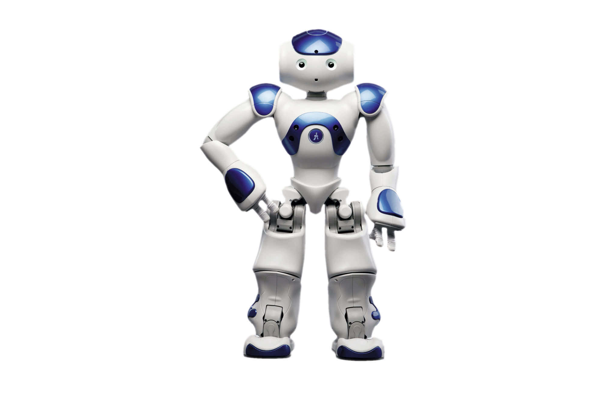 Kawaii Robot 桌布 壁紙 — 一個白色和藍色的人形機器人自信地站在純白色背景前，一手叉腰。