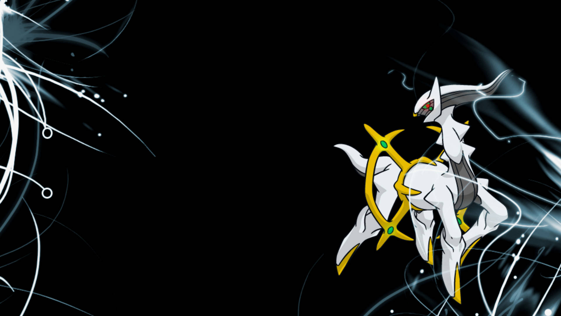 Arceus 桌布 壁紙 — 一個白色和金色的動漫風格生物，擁有發光的眼睛和流動的能量線，背景為黑色。