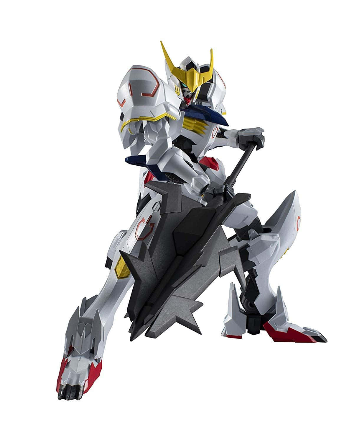 Mobile Suit Gundam Iron-blooded Orphans 桌布 壁紙 — 一個白色和金色的機器人帶有紅色點綴，以動態姿勢站立，手持一把大劍，背景為純白色。