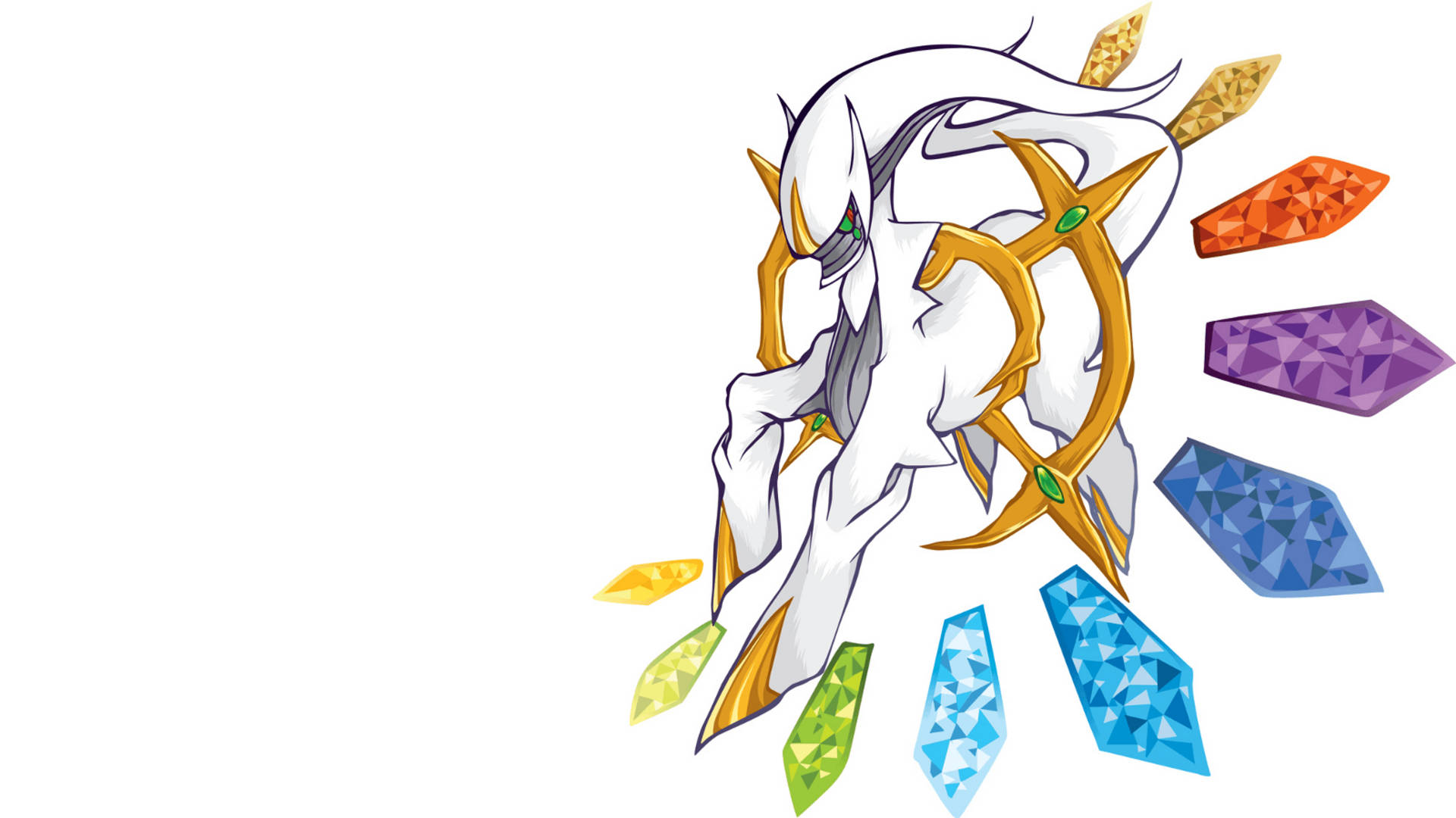Arceus 桌布 壁紙 — 一個白色和金色的風格化神話生物，有綠色眼睛，被色彩繽紛的幾何寶石包圍，背景為純白色。
