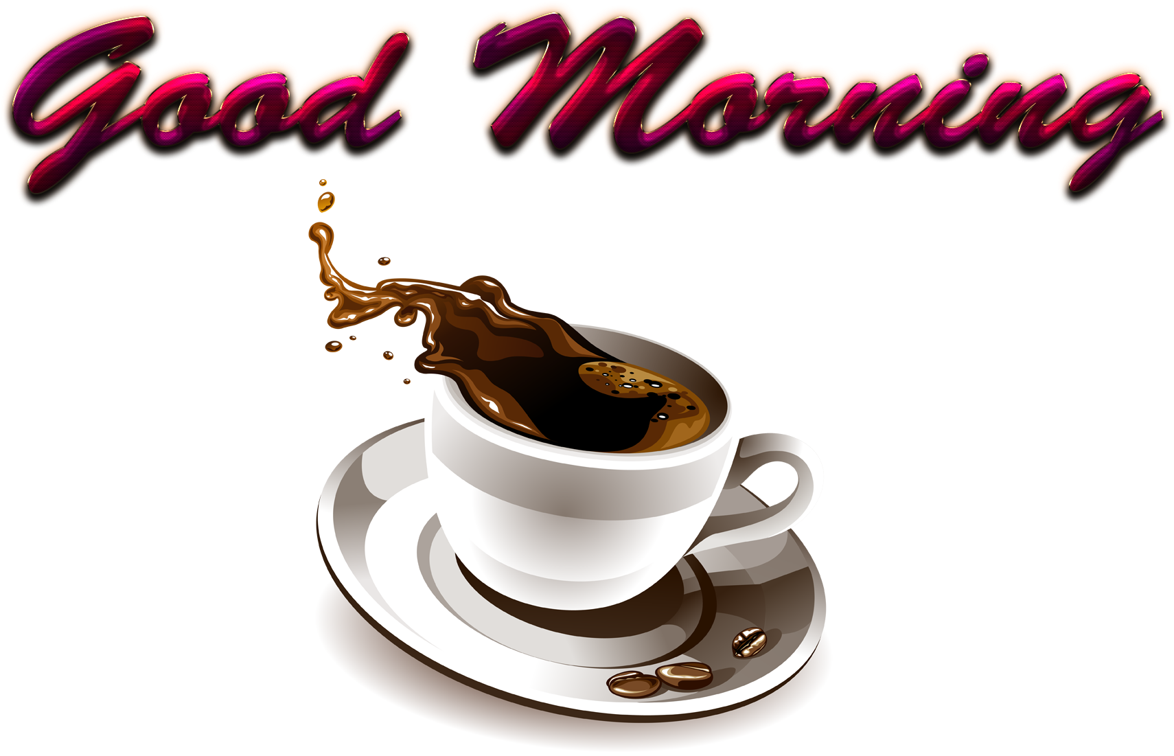 Coffee Cup 桌布 壁紙 — 一個白色咖啡杯，深色咖啡在黑色背景上戲劇性地飛濺，下方有發光的「早安」文字。