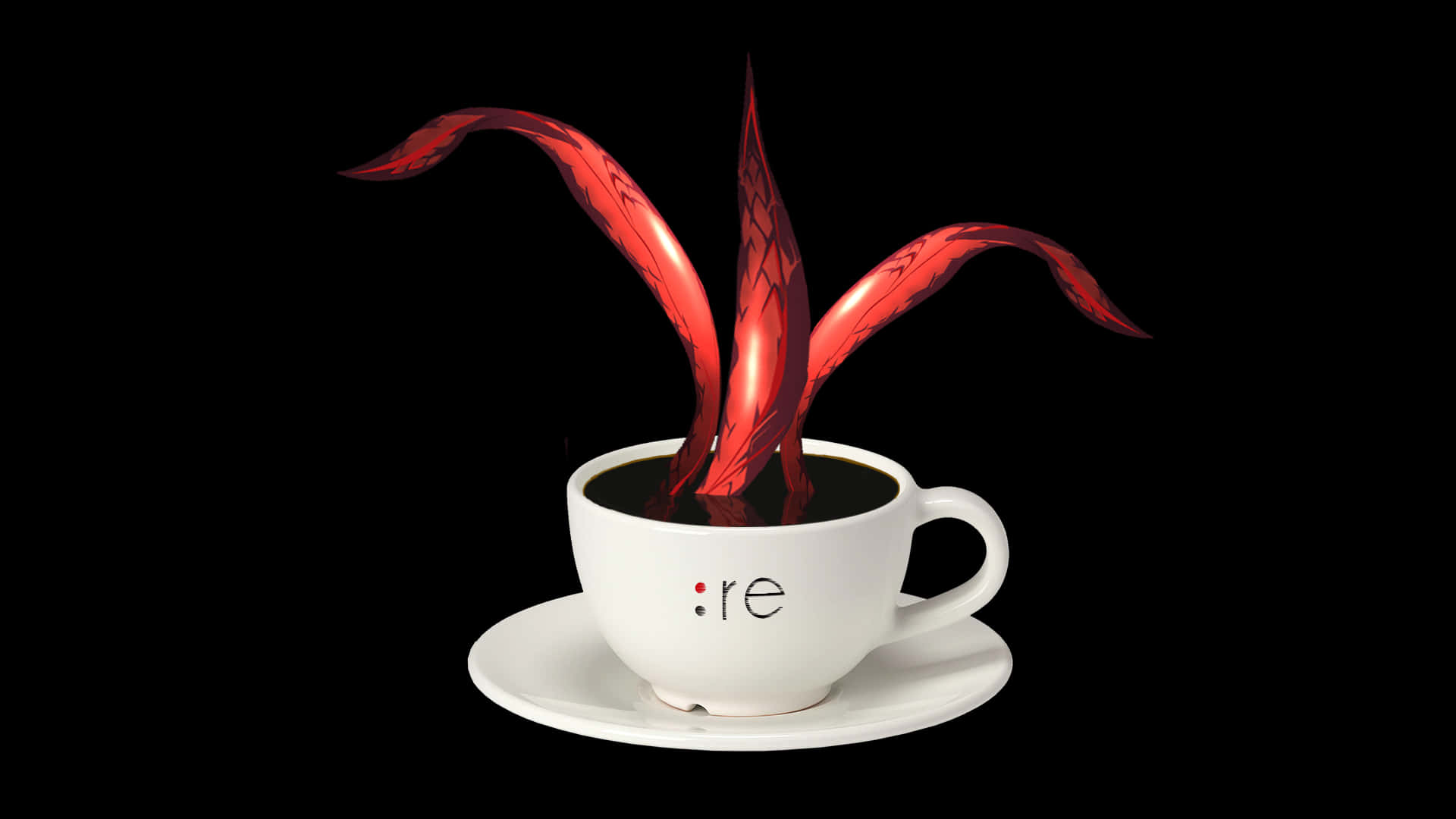 Anteiku 桌布 壁紙 — 一個白色咖啡杯，黑色背景上從深色液體中冒出紅色發光的卷鬚。