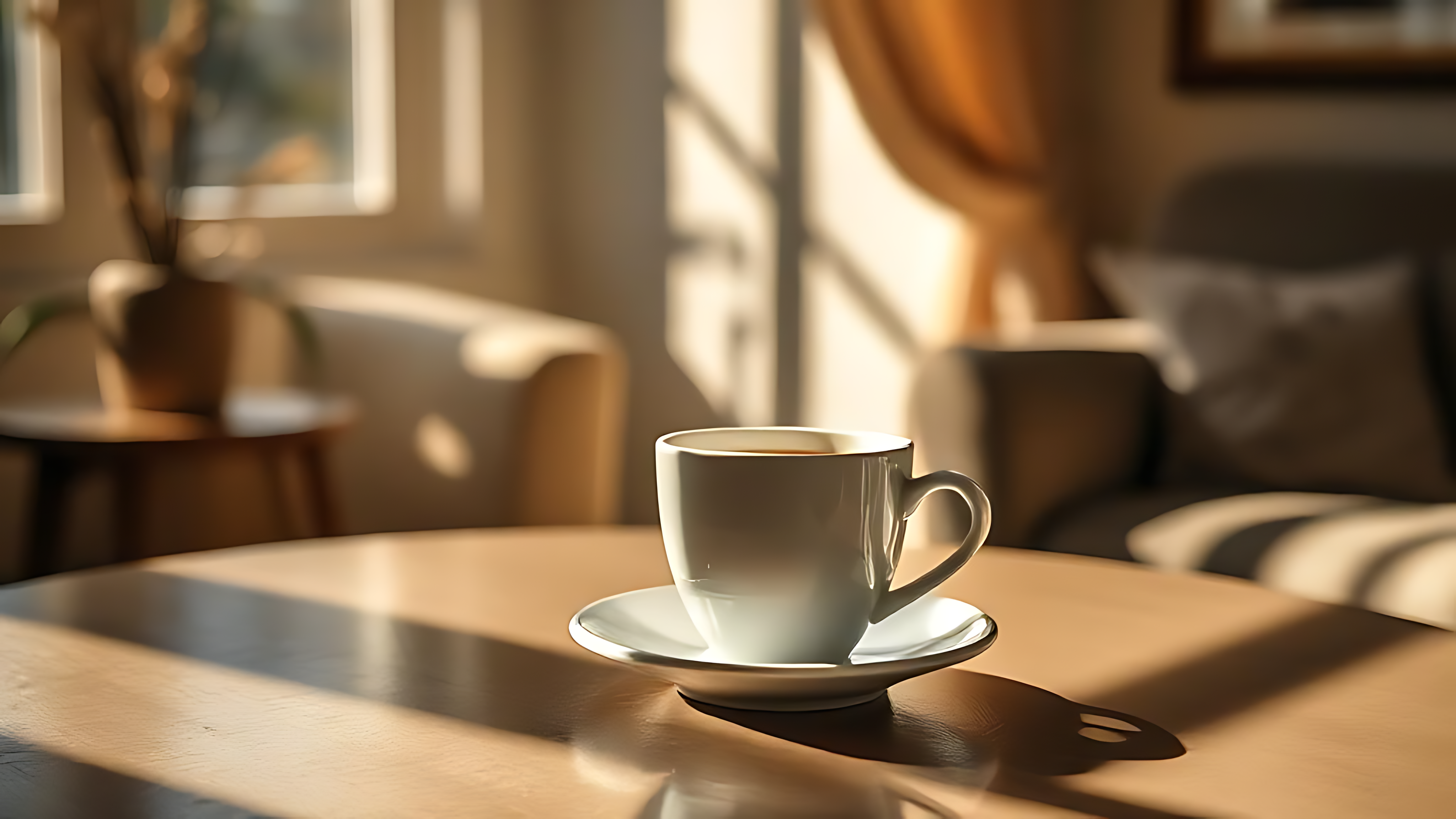 cup 桌布 壁紙 — 一個白色咖啡杯放在木桌上，沐浴在透過金色窗簾的窗戶照射進來的溫暖陽光中。