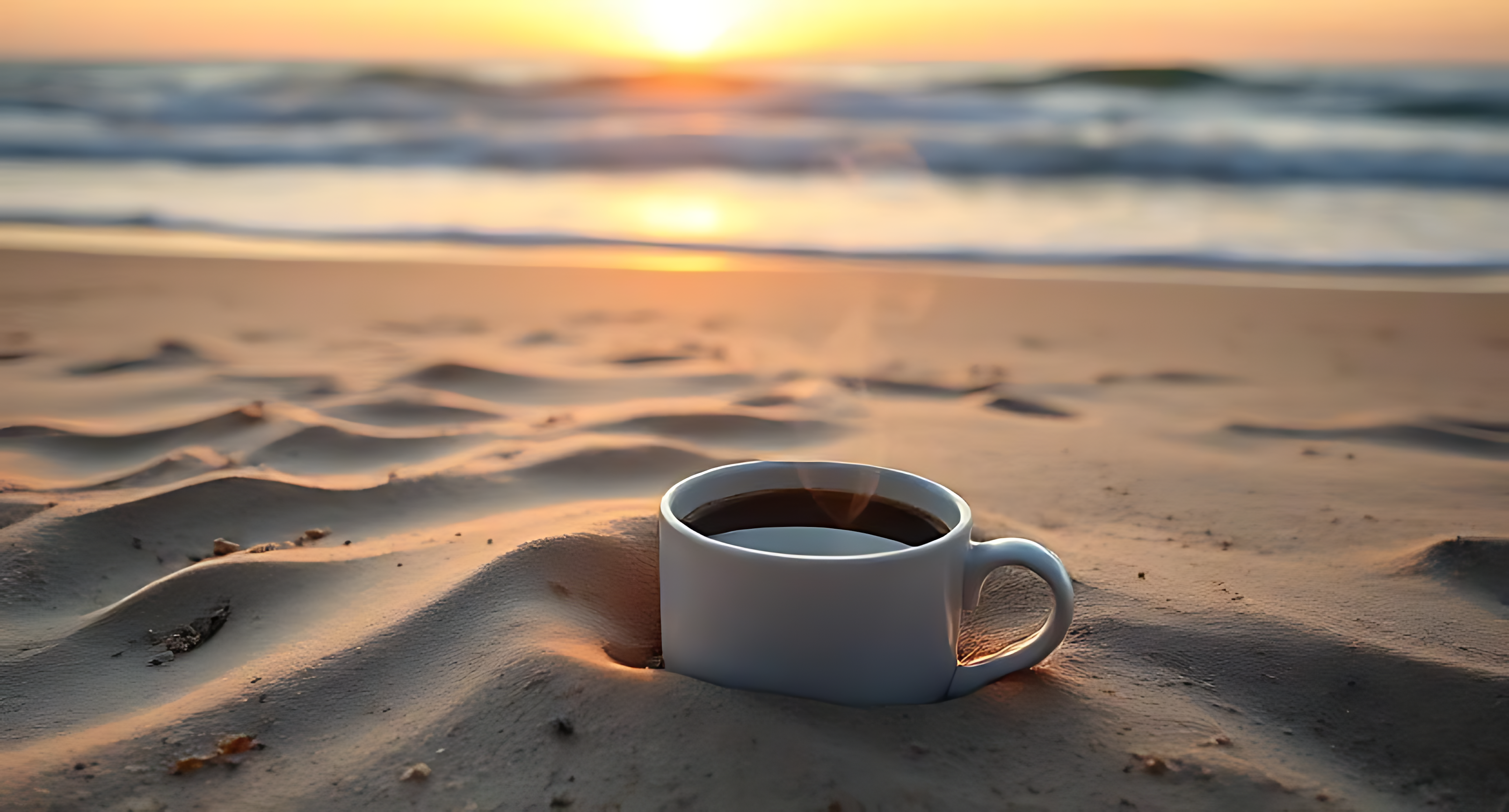 Cup Of Coffee 桌布 壁紙 — 一個白色咖啡杯放在溫暖的沙子上，金色的夕陽光線在後面的海浪上反射。
