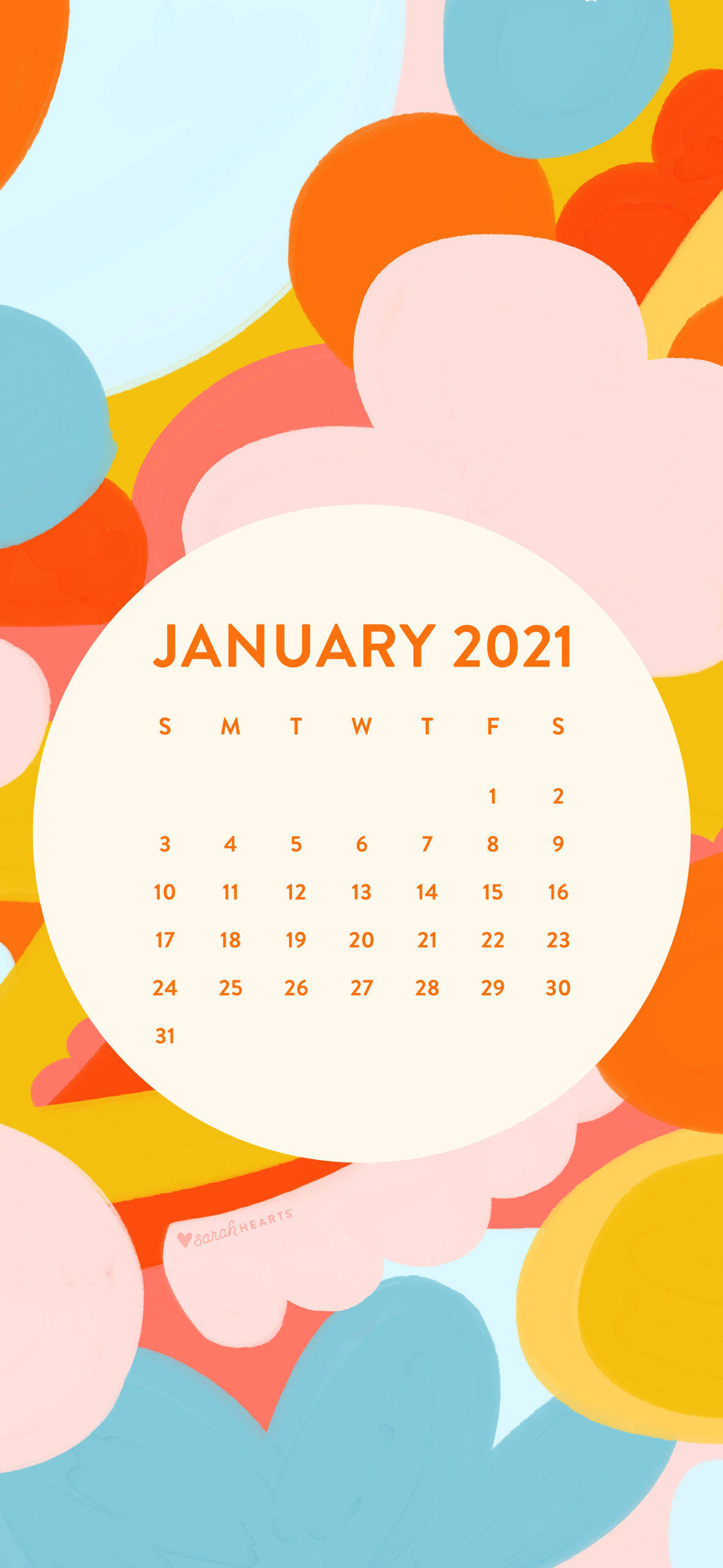 2021 Calendar 桌布 壁紙 — 一個白色圓圈內的2021年1月日曆，周圍環繞著色彩繽紛的抽象形狀，背景為柔和色調。