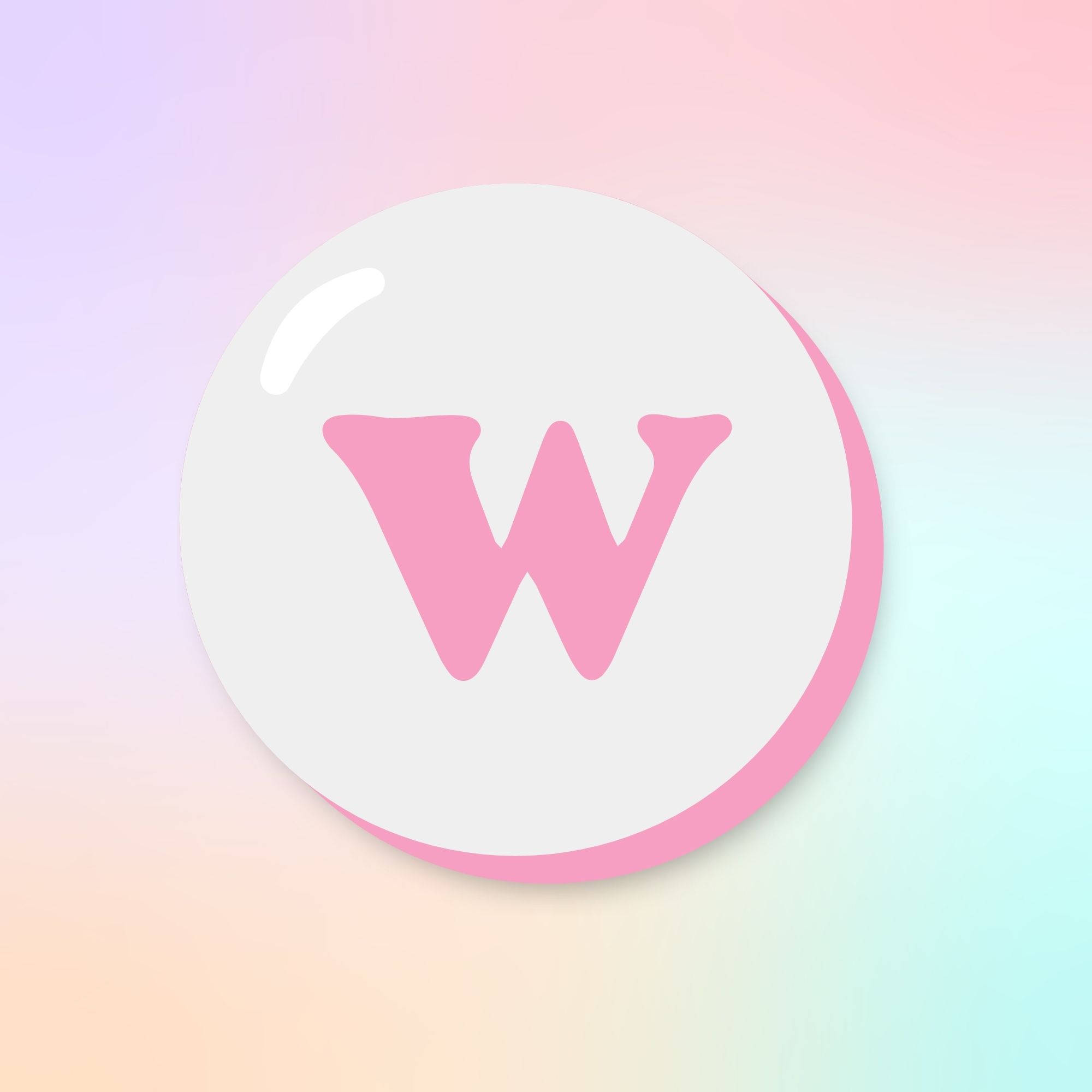 W 桌布 壁紙 — 一個白色圓圈內的光澤粉紅色字母W，漂浮在柔和的粉彩漸變背景上。