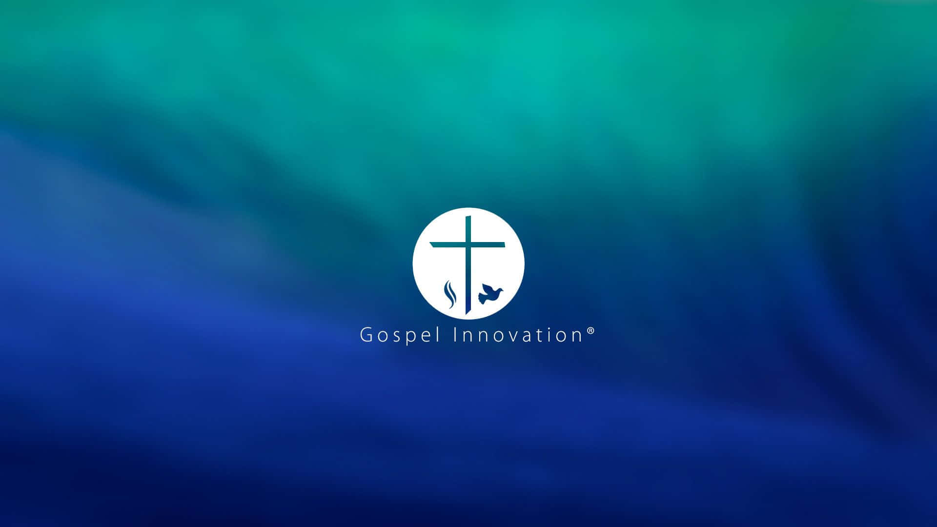 Gospel 桌布 壁紙 — 一個白色圓形內有十字架和鴿子的標誌，居中於流動的藍綠色和藍色漸變背景上。