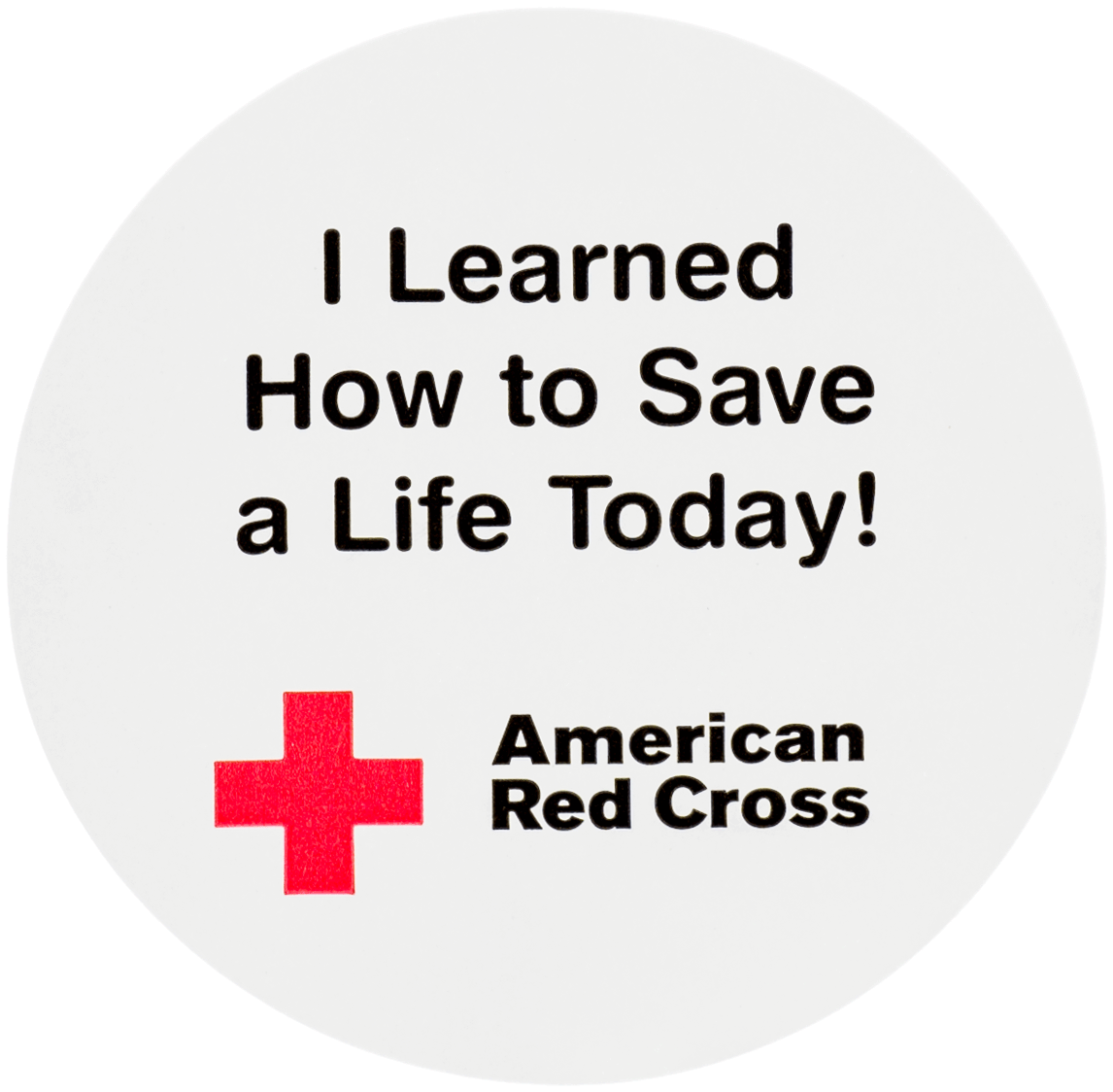Red Cross 桌布 壁紙 — 一個白色圓形徽章，上面有黑色文字寫著「I Learned How to Save a Life Today!」，並附有紅十字和「American Red Cross」標誌。