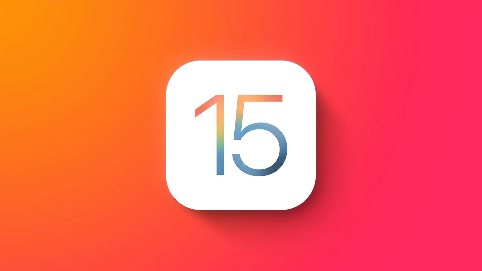 iOS 15 桌布 壁紙 — 一個白色圓角正方形圖示，中心有彩虹漸層顏色的數字15，背景為鮮豔的橙色到粉紅色漸層。