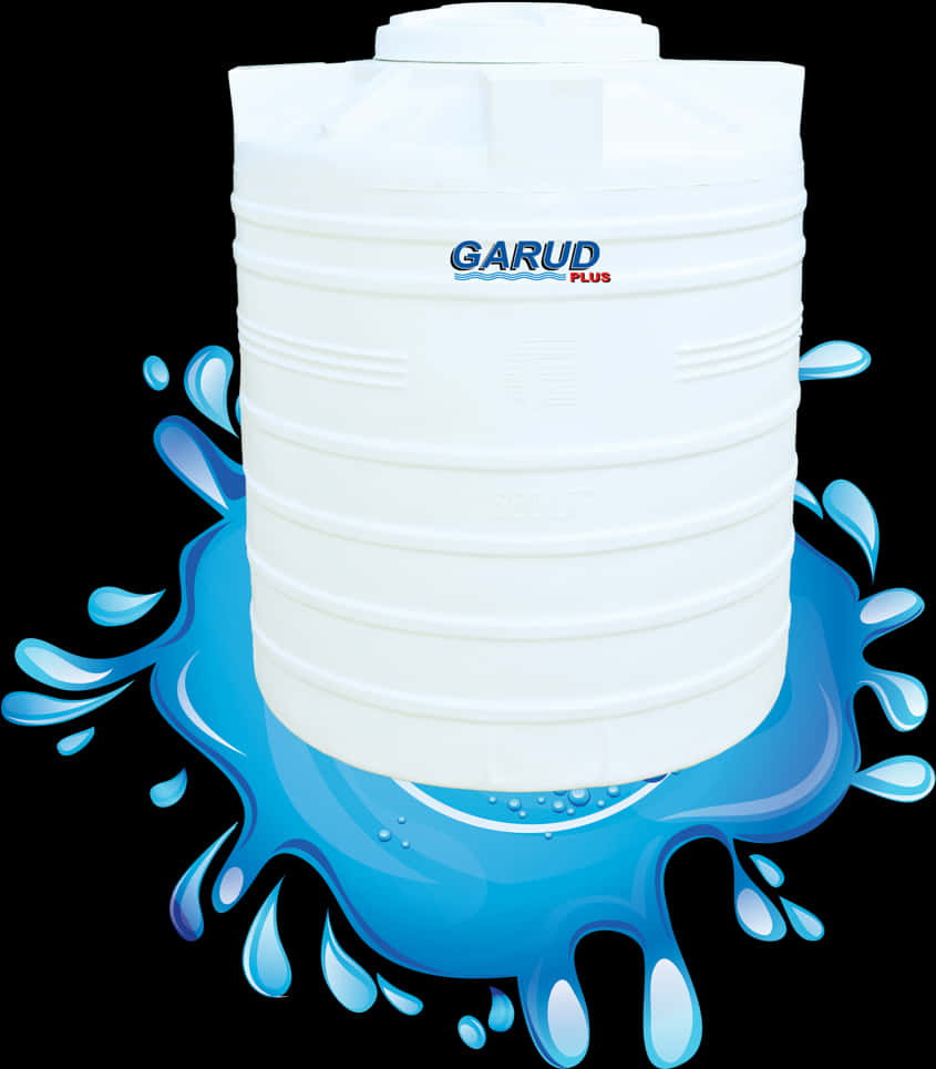 Container 桌布 壁紙 — 一個白色塑膠水塔，品牌為GARUD PLUS，被動態藍色水花環繞，背景為黑色。
