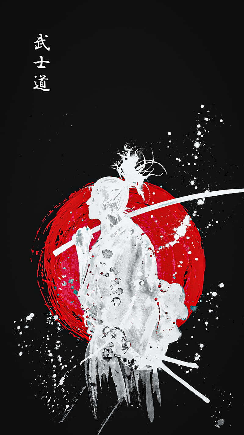 Samurai Art 桌布 壁紙 — 一個白色墨水戰士以剪影姿態站立，背景是黑色底色上一個大膽的紅色圓圈，帶有飛濺的顏料。