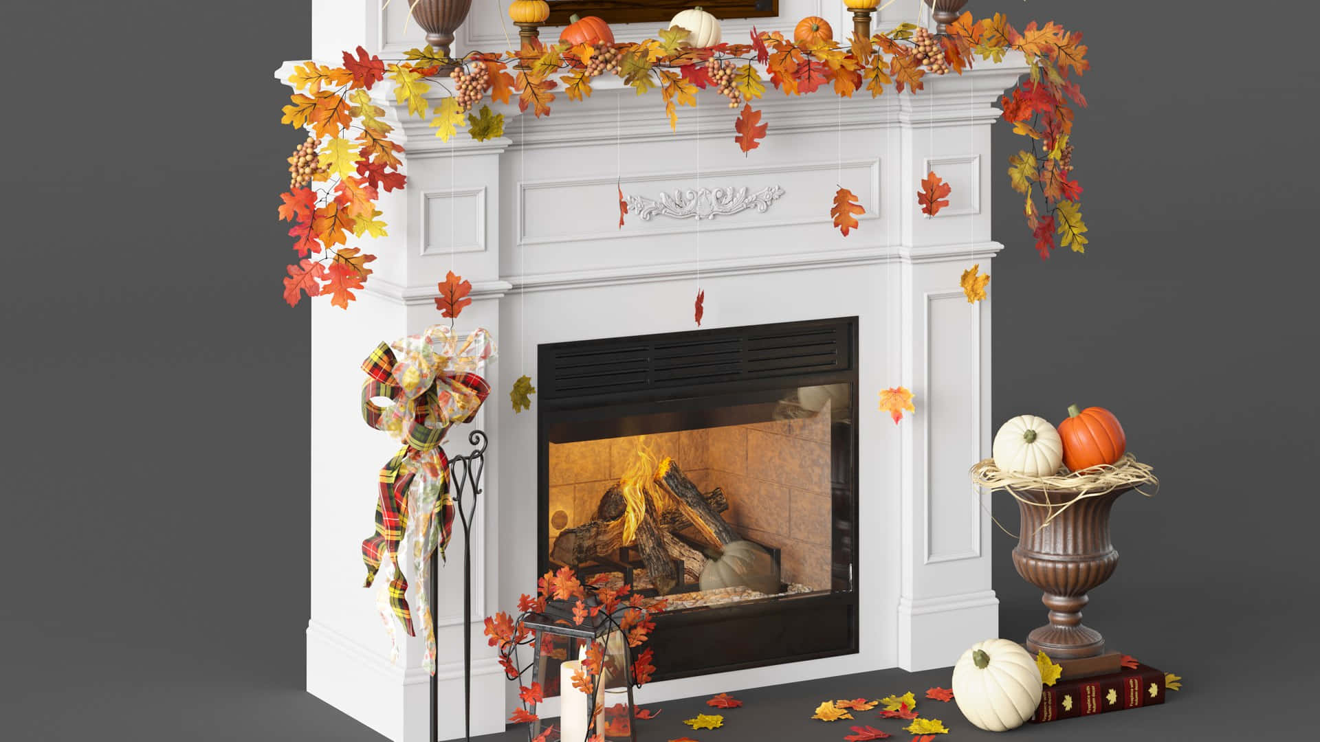 Autumn Fireplace 桌布 壁紙 — 一個白色壁爐，裝飾著秋葉、南瓜和熊熊燃燒的火焰，營造出舒適的季節場景。